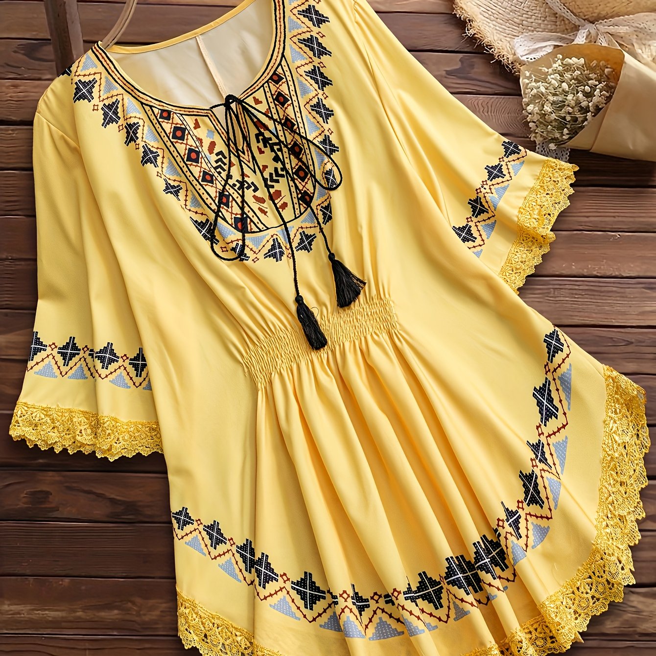 [Bohemian Blouse] Elegant Bohemian Women's V-Neck Blouse with Geometric Lace Trim | Golden Yellow & Black Contrast, Short Sleeves, Flowy Design for Spring/Summer/Fall