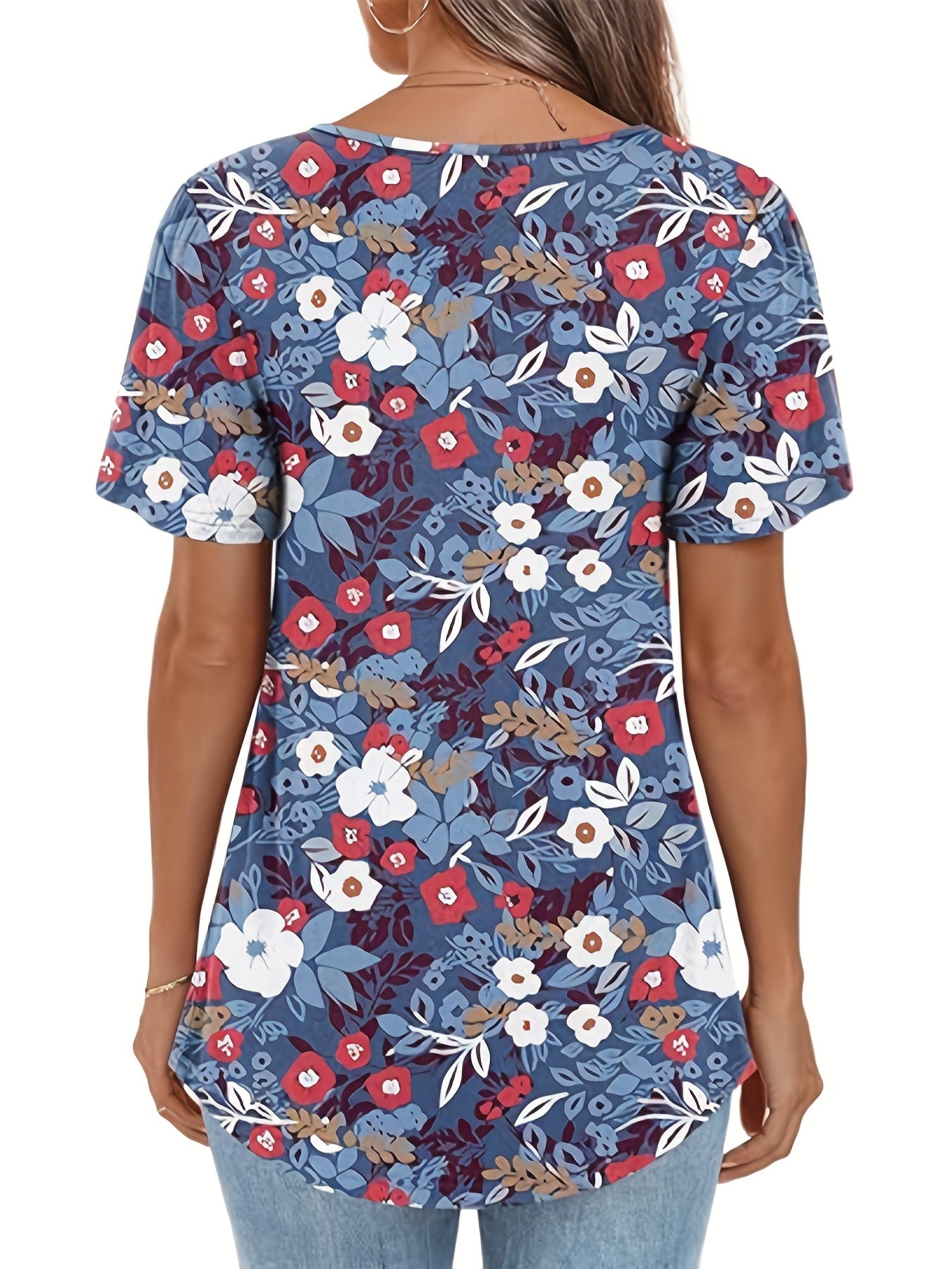 [Soft Polyester T-Shirt] Soft Polyester Women's Elegant Casual Short Sleeve T-Shirt | Square Neck Top with Chest Ruching & Floral Print Petal Sleeves, Relaxed Fit Machine Washable Spring Summer Blouse