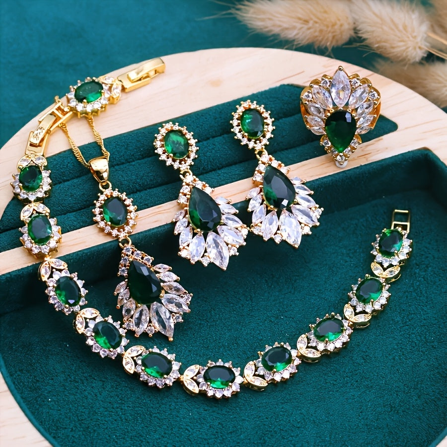 5pcs - Elegant Green Cubic Synthetic Cubic Synthetic Zirconia Jewelry Set, 18K Golden-Plated Jewellry Sets- Stud Earrings, Bracelet, Open Ring And Necklace Set, Suitable for Weddings, Party, Christmas Gift