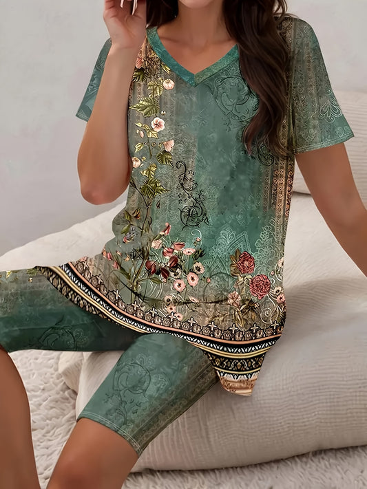 Fashion Loose Floral Casual Suit for Women, V-neck Short-sleeved T-shirt And Shorts Two-piece Set.