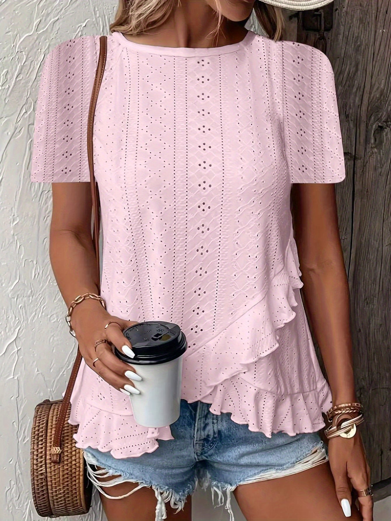 SINHOON Women'S Summer Casual Short Sleeve Solid Color Round Neck T-Shirt With Asymmetrical Hem
