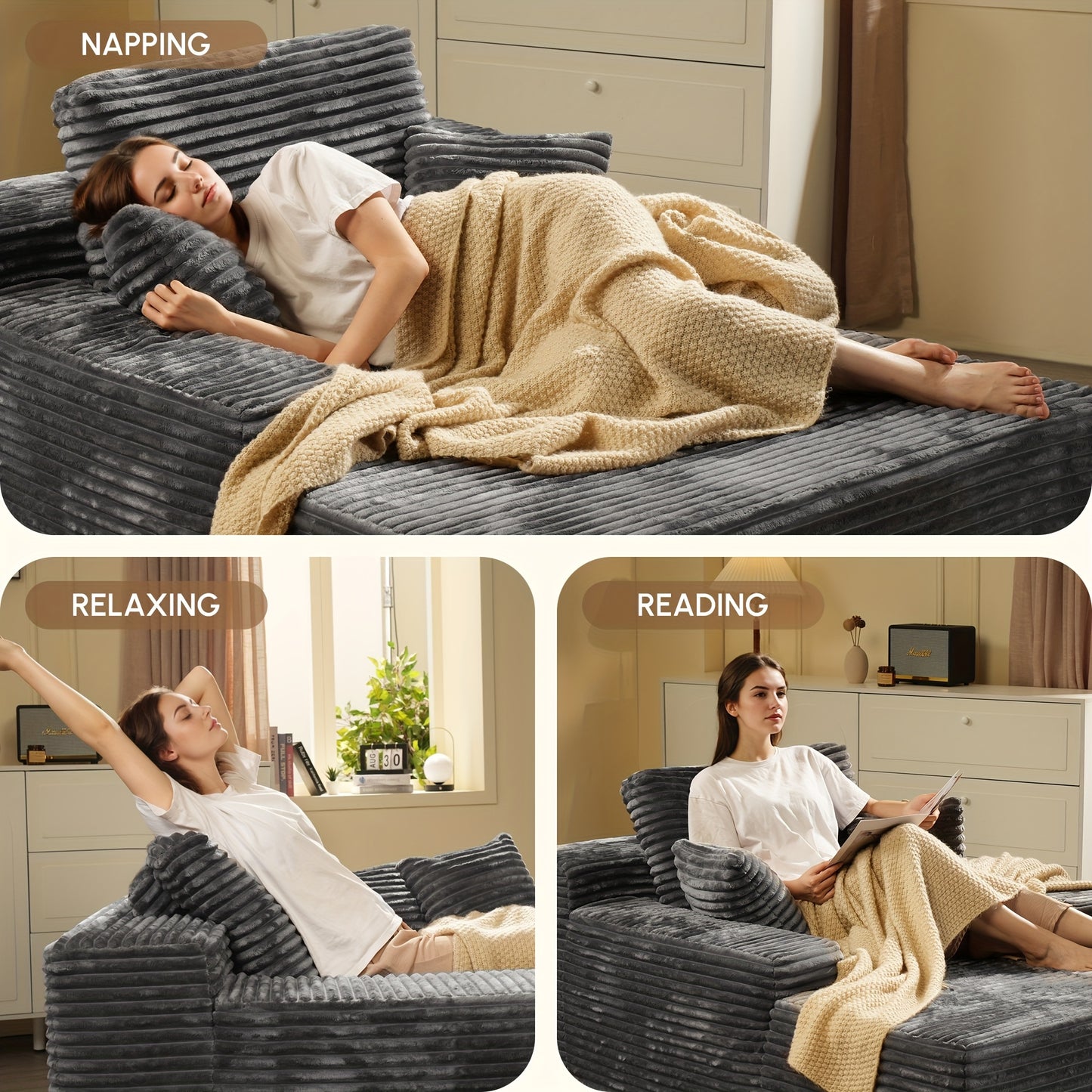48" Large Corduroy Floor Sofa with Pillows - Oversized Lounge Chair with Plush Upholstery, Deep Cushions, And Armrests/ Deep Seat Sofa Bed with High Density Sponge Cushion/ USleeper Sofa for Living Room, Bedroom, Apartment, B