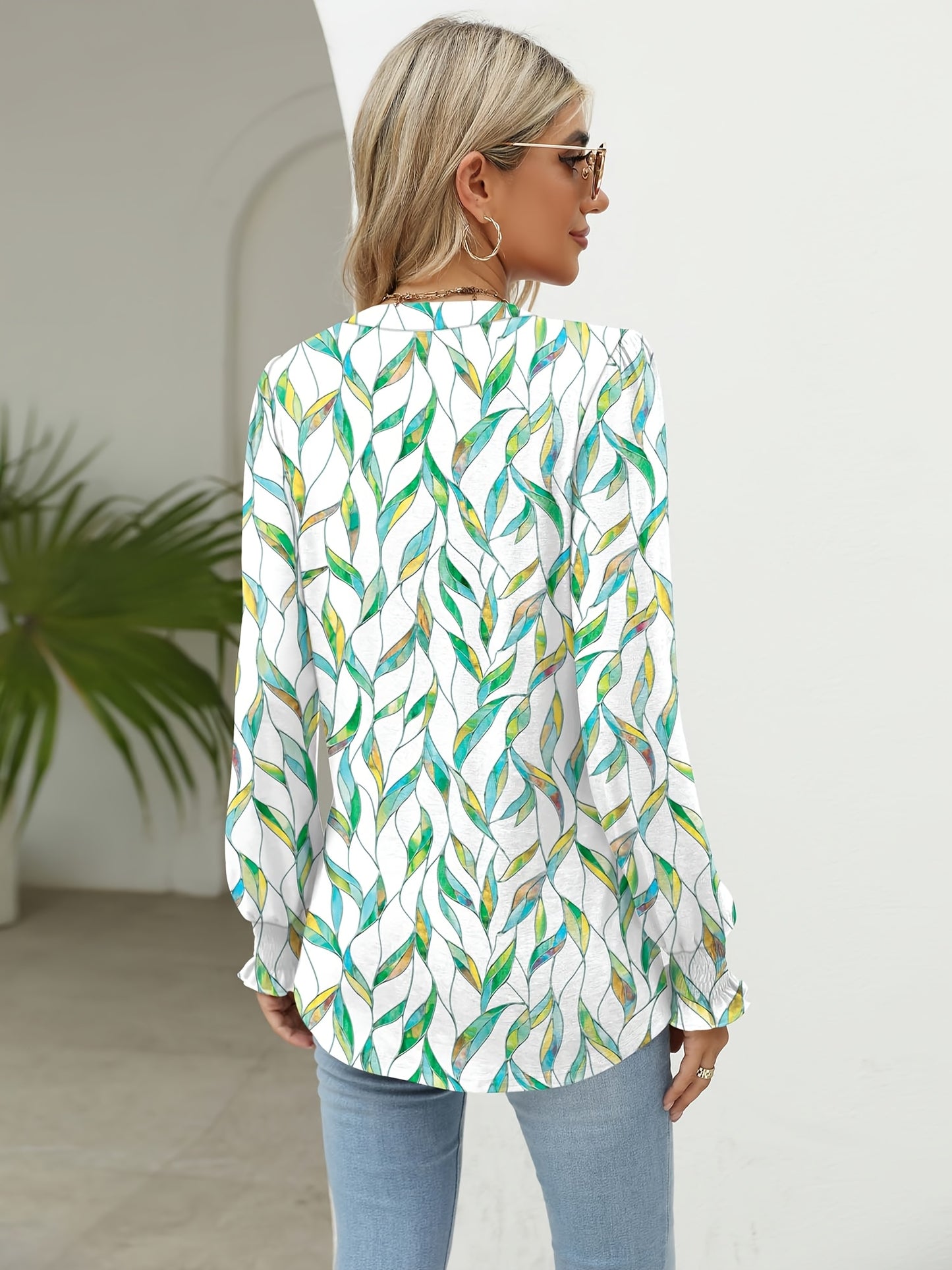Women's Casual Floral Print Long Sleeve Top Pleated Waist Fashion Versatile Loose Pleated T-Shirt