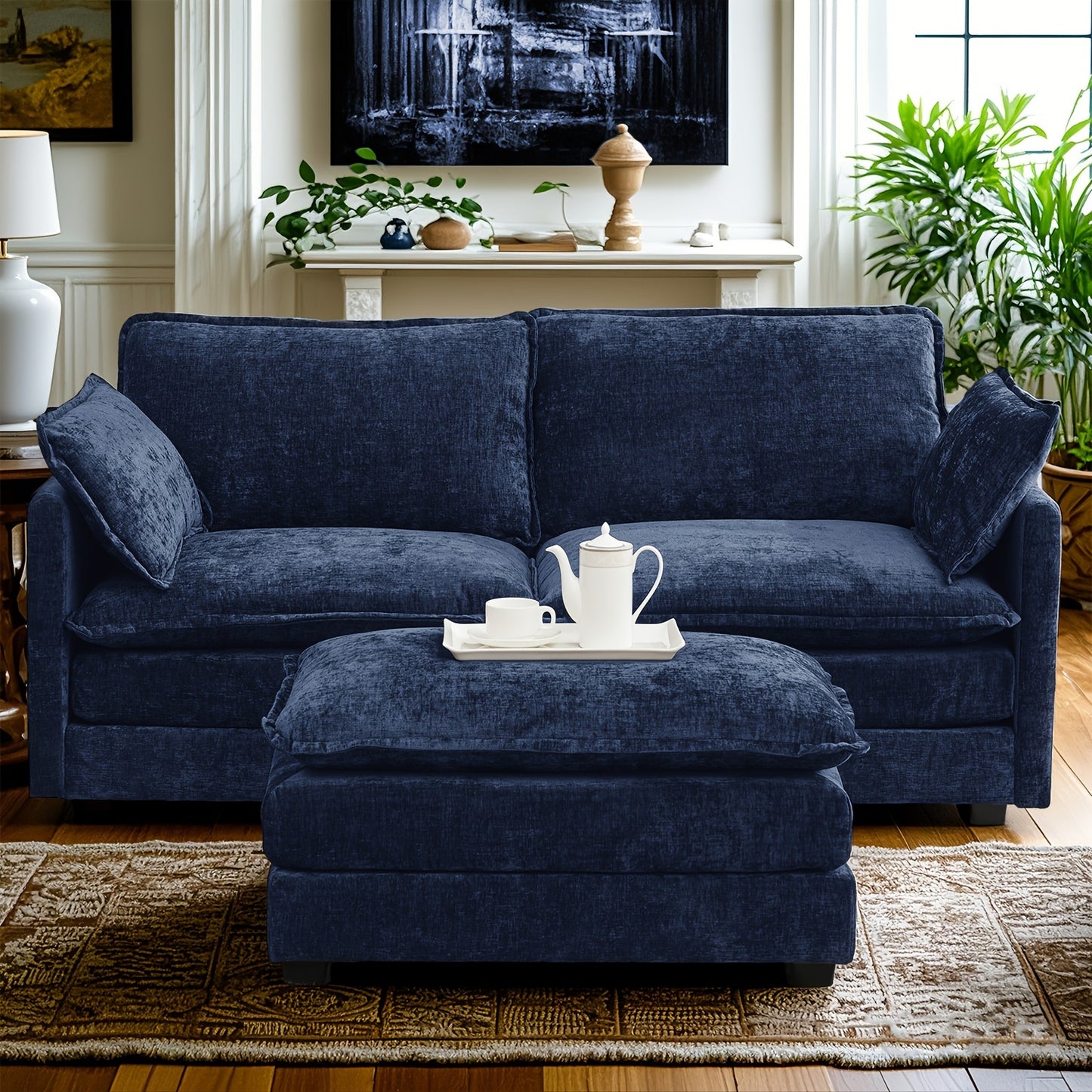Royal Blue Chenille Sectional Sofa - 2-Seater Deep Seat Couch with Ottoman, Contemporary Hardwood Frame, Plush Upholstery for Living Room or Home Office, Couch for Living Room