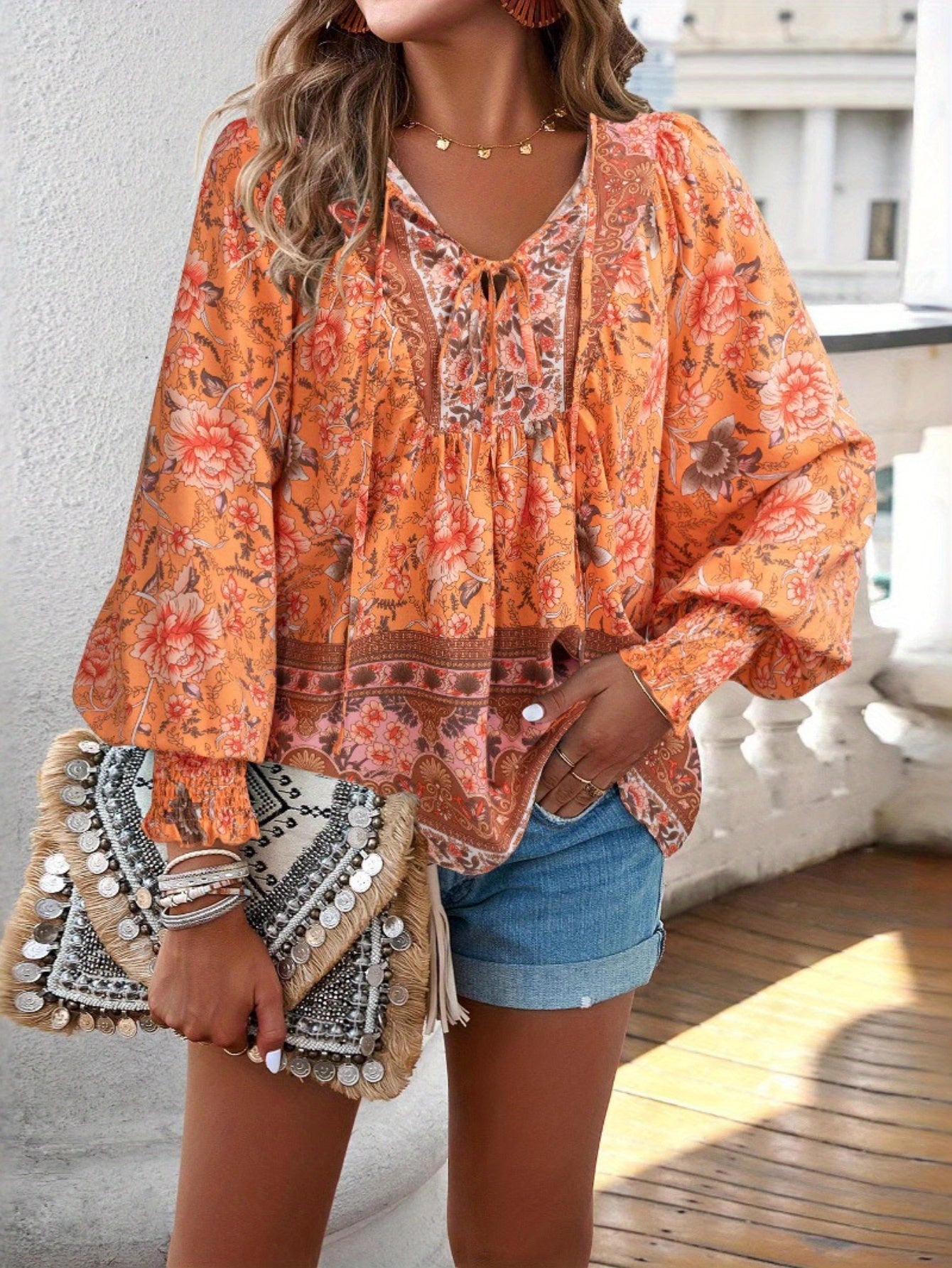Women's Bohemian Floral Print V-Neck Long Sleeve Blouse - Elegant All-Season Top with Multicolor Blue Pink Green Purple Orange Yellow White Patterns, Lace-Up Front & Machine Washable Shirt for Beach Vacation & Casual Attire,