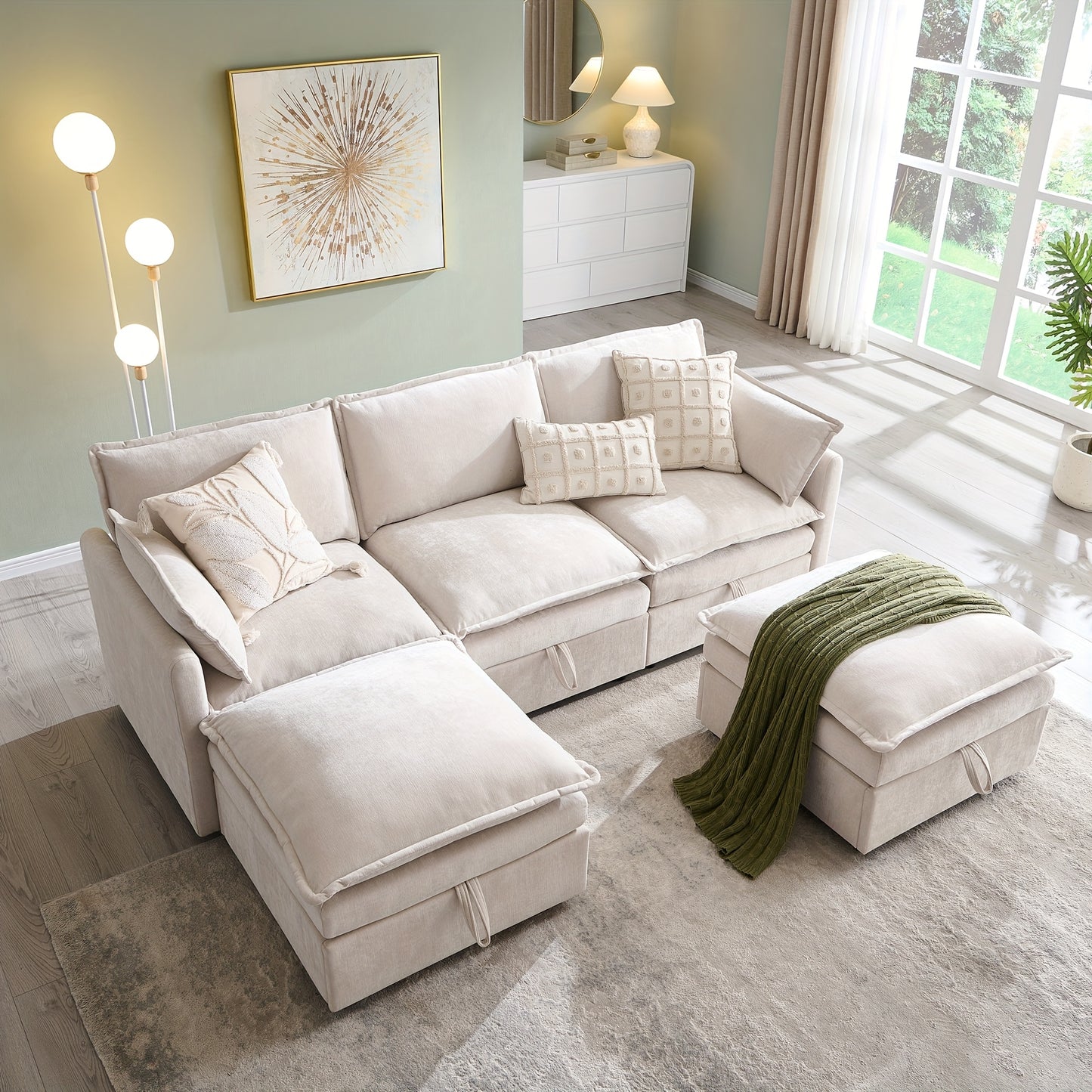Modern Cloud Sectional Sofa, U-Shape 3 Seater Modular Sofa with Ottoman, Chenille Sofa with Deep Seat & Pillow for Living Room, Bedroom