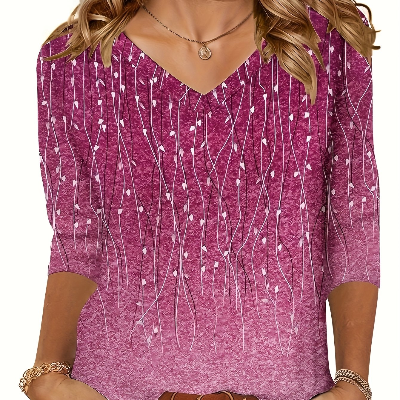[Casual V-Neck Blouse] Lightweight Polyester Women's Casual V-Neck Blouse | 3/4 Sleeves, Gradient Pink to Purple, Ruffled Hem, Button-Up Front, Perfect for Spring & Fall