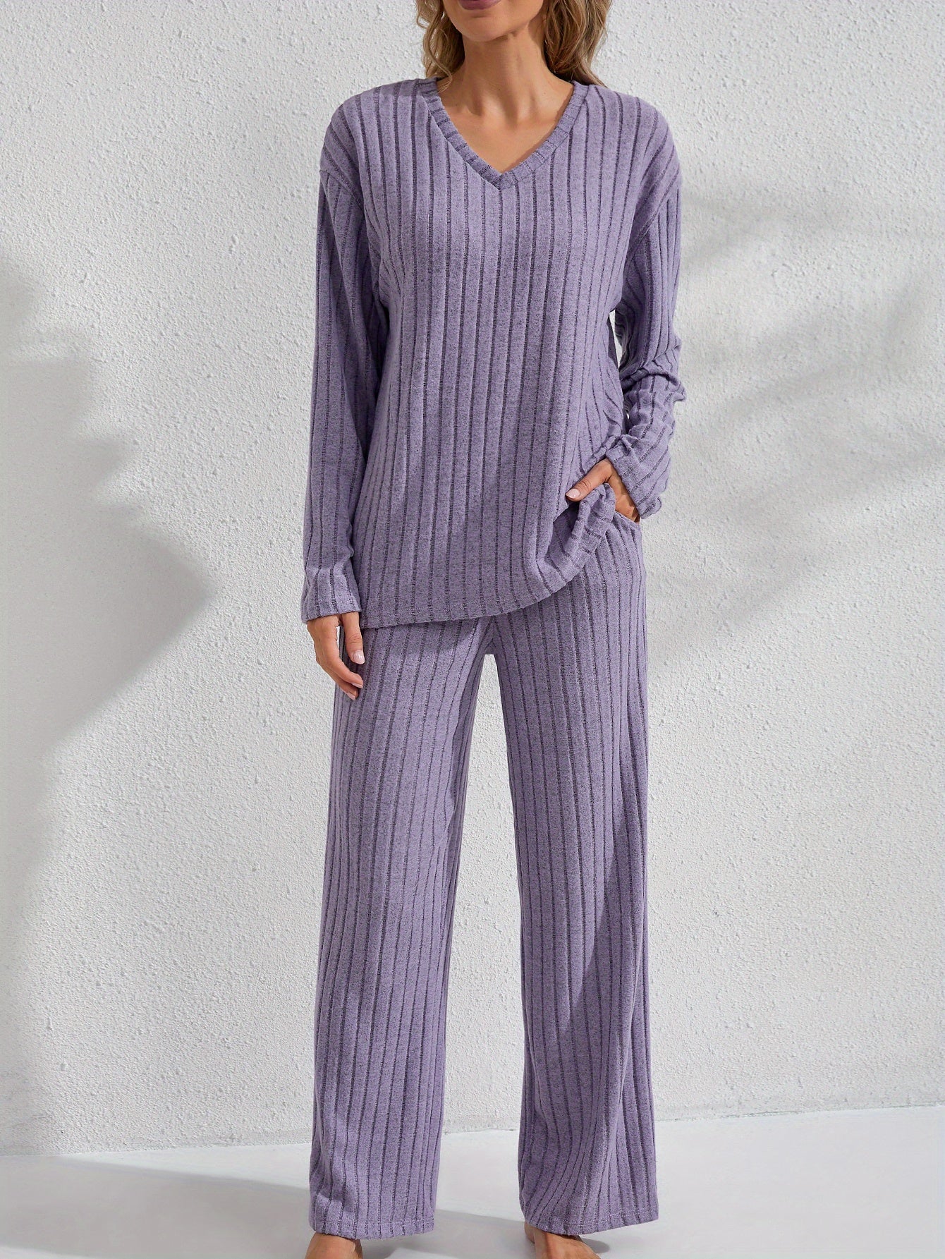 V-Neck Long Sleeve Top & Straight Leg Pants, Olive Green, Comfortable Polyester Blend for Casual Attire, Versatile Clothing|Ribbed Texture Design|Polyester Blend Set, Ribbed Knit Clothing