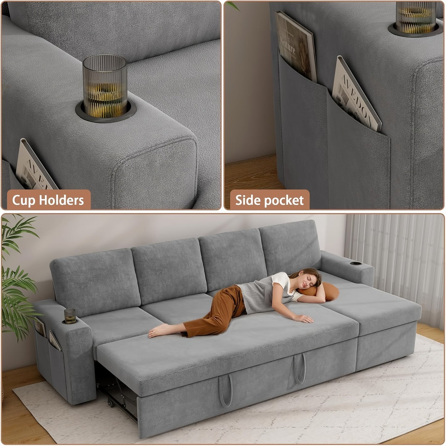 103" Extra Large L-Shaped Sectional Sleeper Sofa Bed with Storage Chaise - Convertible Pull-Out Couch, Cup Holders, Space-Saving Sleeper Sofa for Living Room, Apartment, Guest Room - Modern Sectional Furniture in Neutral Grey
