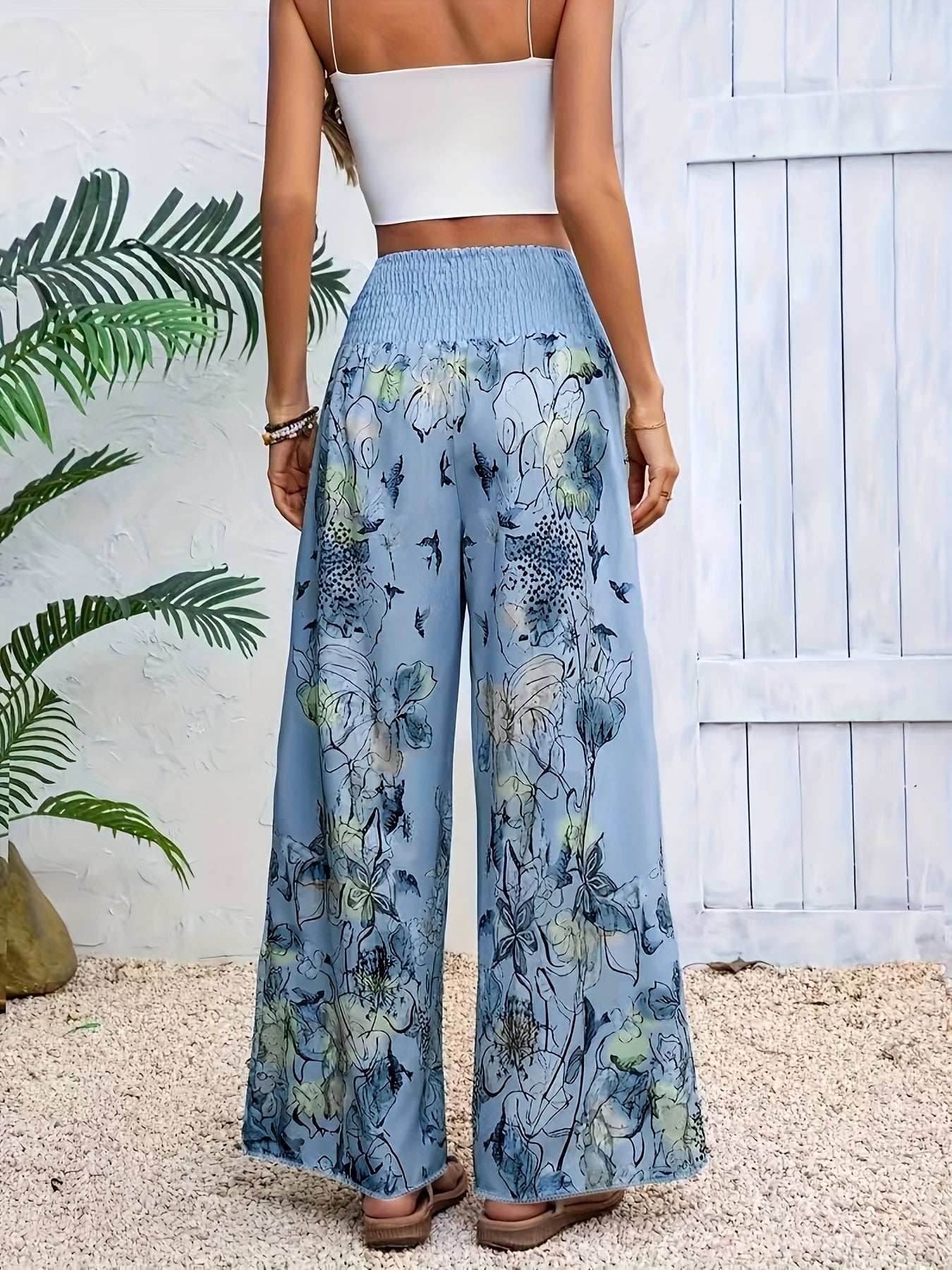 [Elegant Pants] Elegant Floral Wide-Leg Pants | Women's Casual Beach Vacation Attire, Loose Fit, Non-Stretch Polyester, Machine Washable, Floral Print