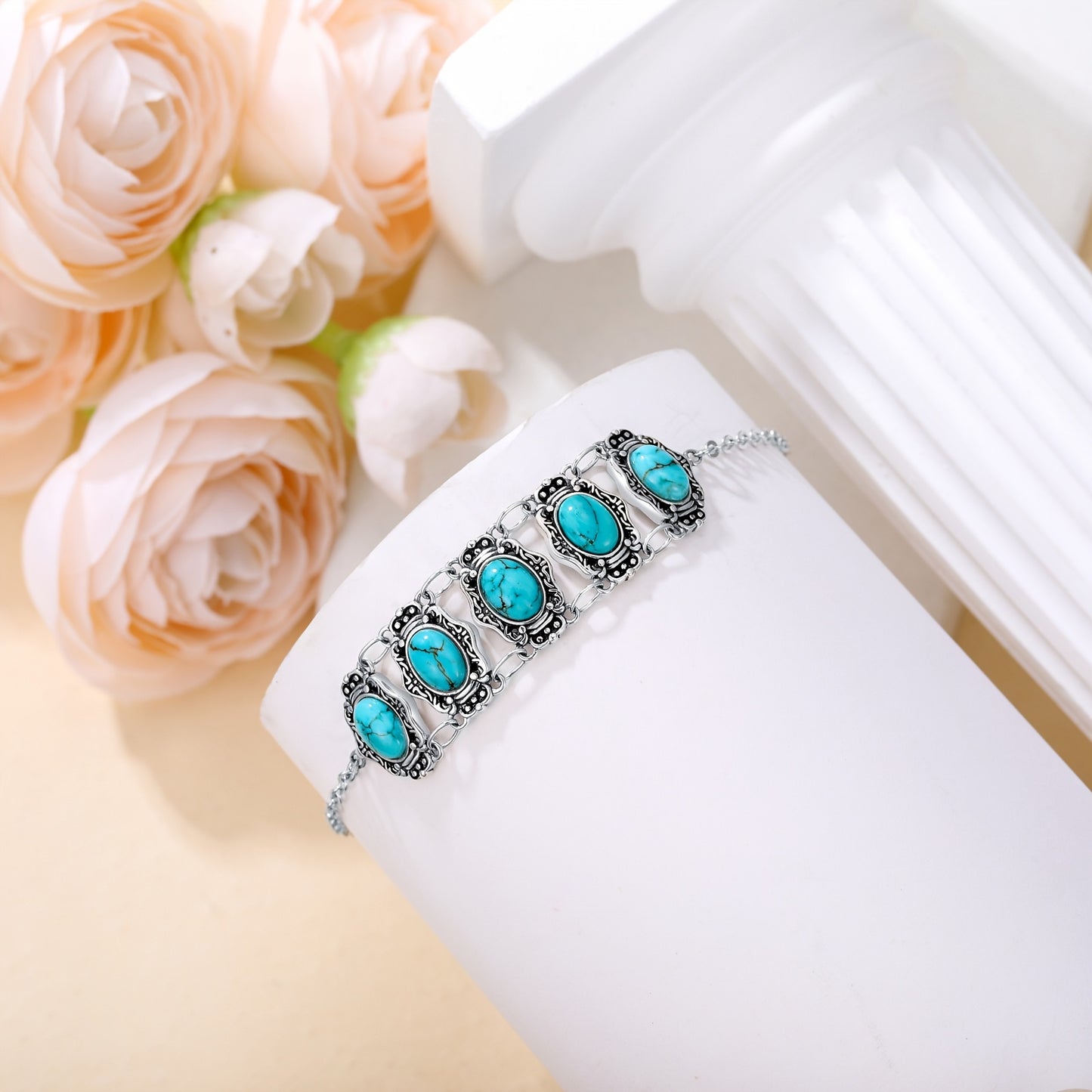 [Turquoise Link Bracelet] 925 Sterling Silver Turquoise Link Bracelet | Adjustable Bracelets for Women