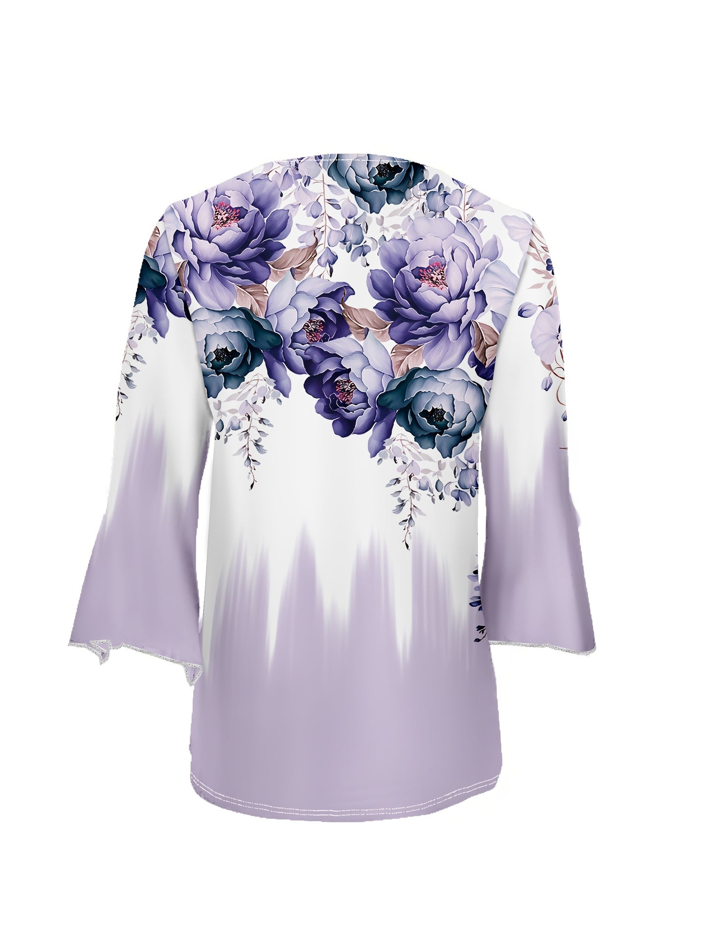 Elegant V-Neck Floral Blouse - Light Purple with Blue & White Flowers, Ruffled Sleeves, Flowy Design for Women, Perfect for Spring & Summer, Casual Wear Blouse | Floral Print Top | Ruffled Sleeve Top