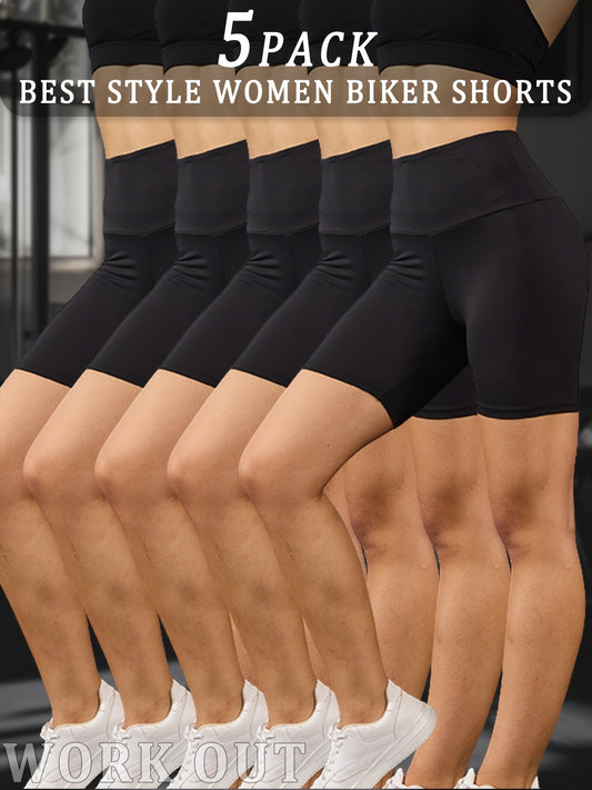5-Pack Women's High Waisted Tummy Control Athletic Shorts - Super Soft Non-See-Through Workout Leggings with Full-Length Side Panels, 6" Inseam, Solid Black & Colors Available | Gym, Running, Yoga, | Machine Washable & Dry Cl