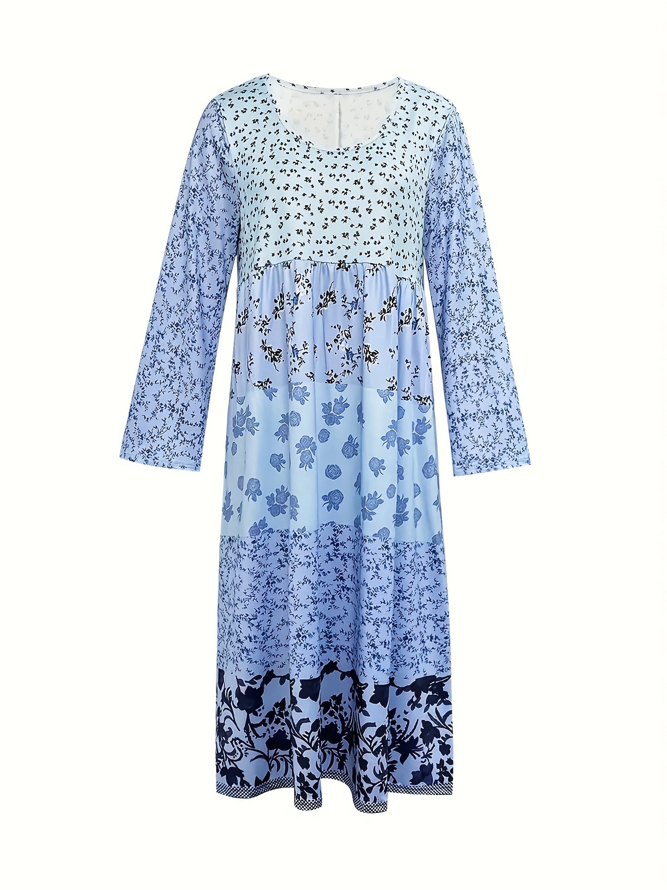 1pc Women'S Floral Print Polyester Blend Maxi Dress - Blue & White Small Flower Pattern, Round Neck, Straight Cut, Machine Washable, Perfect For Autumn/Winter Vacations And Casual Outings, Floral Dressm, Attire For The Women'