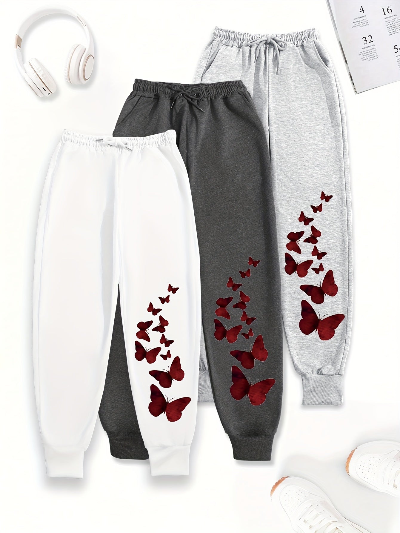 3pcs Women'S Casual Joggers with Butterfly Print - Elastic Waist, Loose Fit, Drawstring, Pockets, All-Season Comfort, Beige, Gray, Black, Jogging Pants