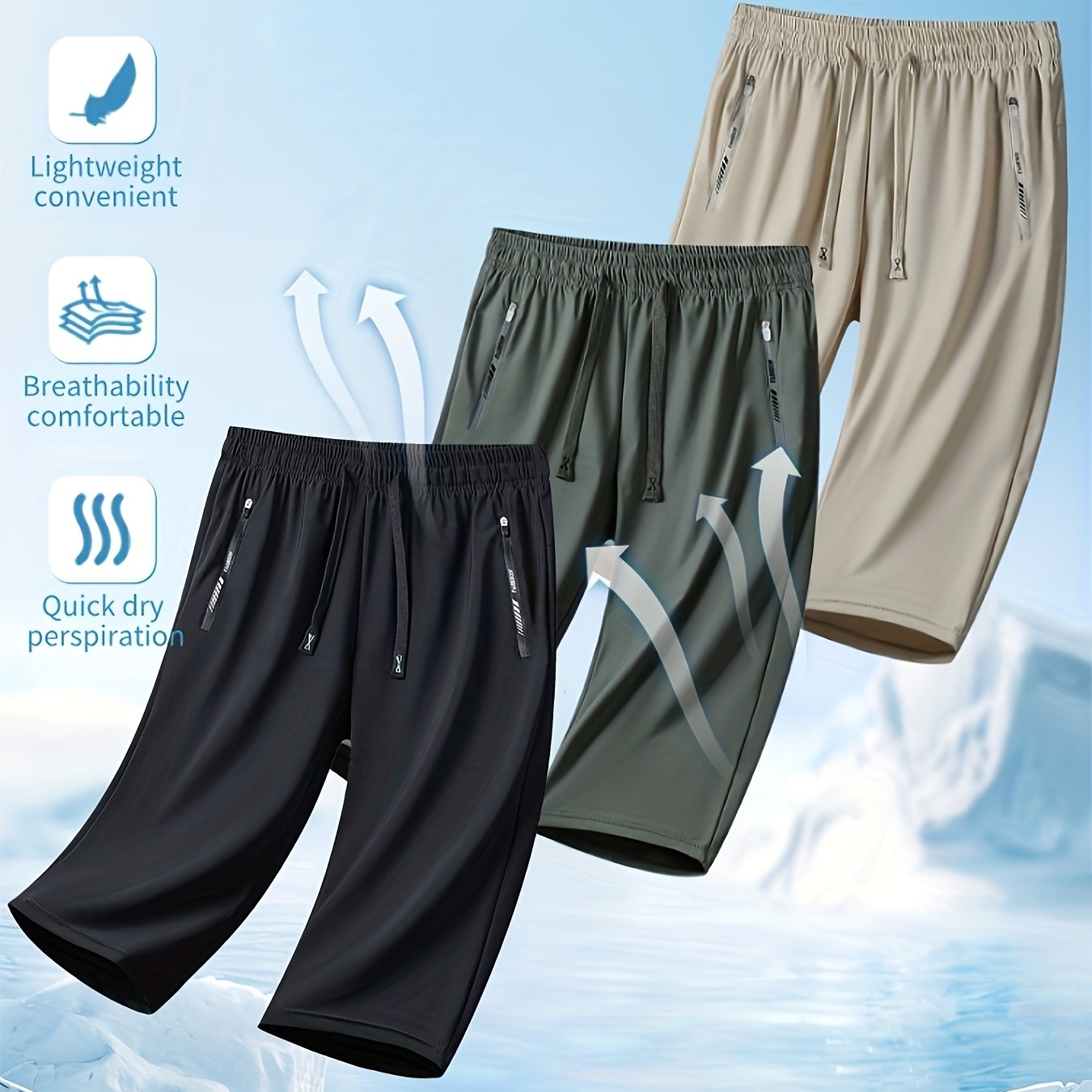 Three Pairs Of Summer Women's Shorts, Women's Solid Color 3/4 Pants, Elastic Drawstring At The Waist, Diagonal Zipper Pocket, Nylon And Spandex Medium-elastic Fabric Pants, Ice Silky Quick-drying Sports Pants, Women's Pants