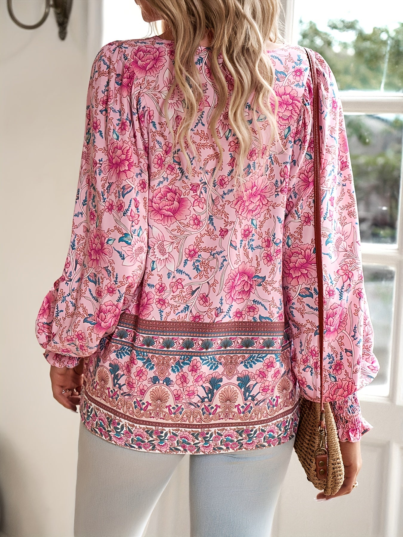 Plus Size - ZAFUL Summer Loose Plus Size Women'S Apparel, Stylish Resort Bohemian Floral Print Top Set, Lightweight Fashion V-Neck Printed Lantern Sleeve Tassel Plus Size Shirt*2