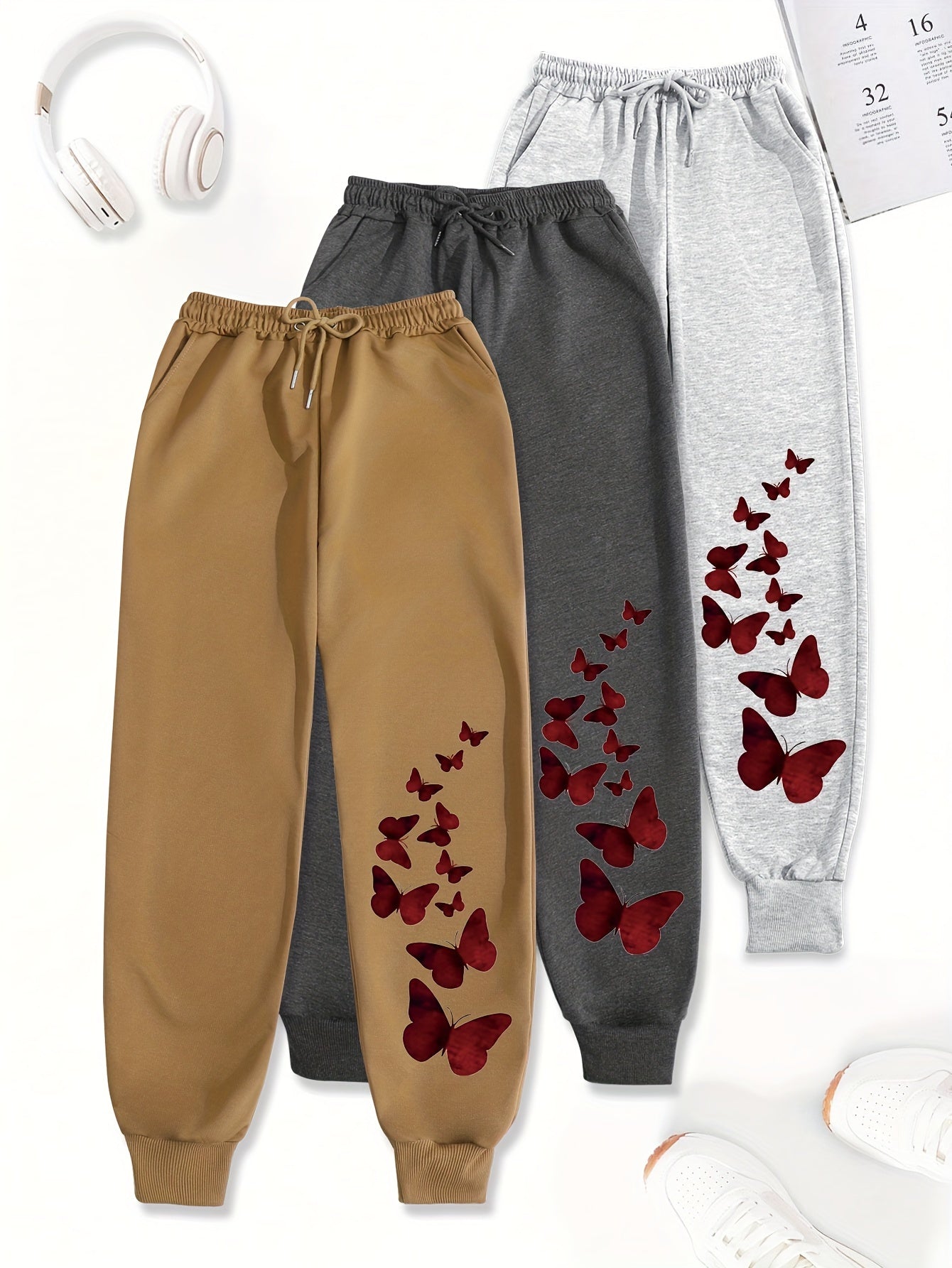 3pcs Women'S Casual Joggers with Butterfly Print - Elastic Waist, Loose Fit, Drawstring, Pockets, All-Season Comfort, Beige, Gray, Black, Jogging Pants