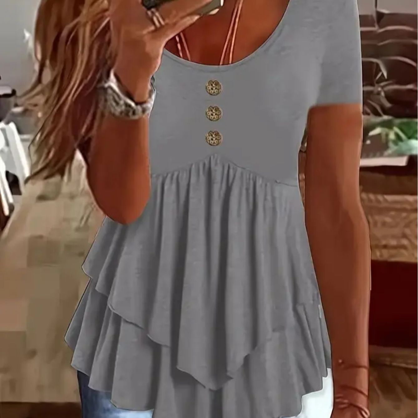 Women's Mint Green Crew Neck T-Shirt - Non-Stretch Casual Blouse with Front Button Closure, Tiered flare hem for Everyday & Formal Outfits - Machine Washable Summer Top, Ladies T-shirts, Nonstretch Fabric, Spring Fashion, Lig