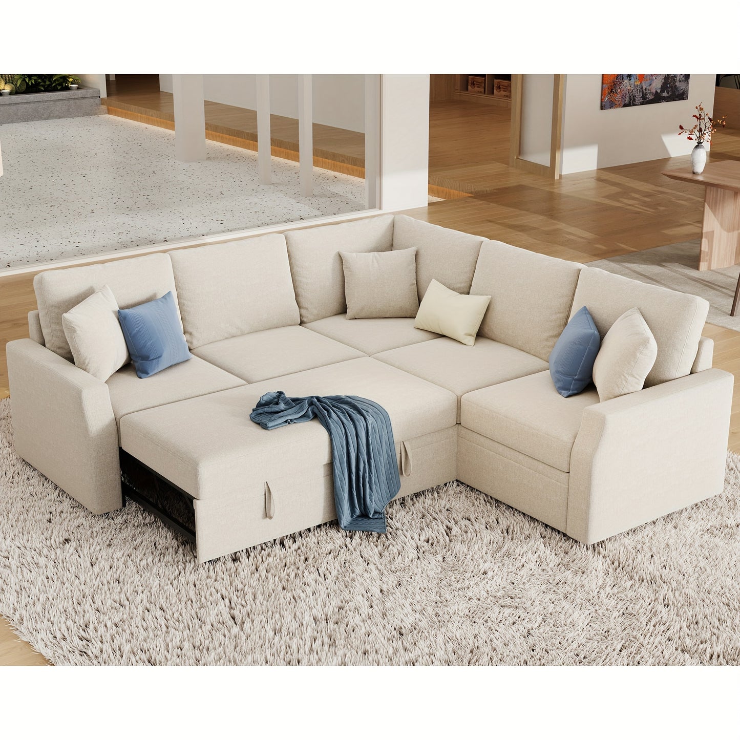 L-Shaped Sleeper Sofa, 85-Inch Beige Linen Fabric Sofa Bed With Pull-Out Bed And Storage Seat For Apartment Living Room, Corner Sectional Couch