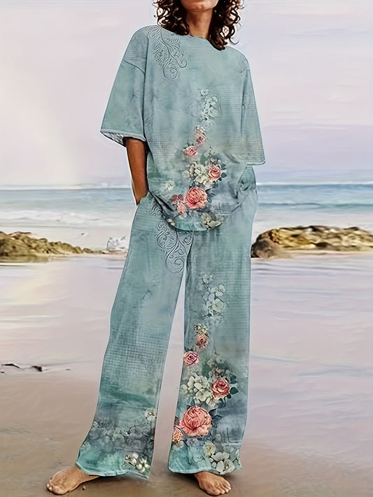 Women'S Casual Floral Print Pajama Set - Light Blue Polyester Crew Neck Top with Pink Roses Design, White Pants, All-Season Comfort, Casual Attire|Floral Print Pajama Set|Polyester Fabri