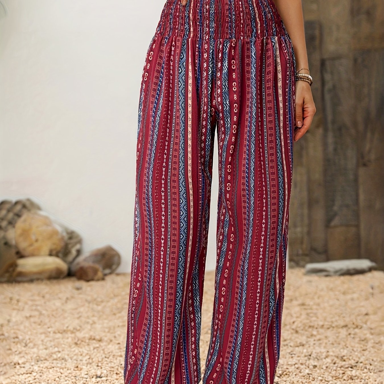 Women's Bohemian Ethnic Print High-Waisted Wide-Leg Pants - Elastic Waist Tassel Hem Lightweight Loose-Fit Trousers for Spring Summer Fall, Casual Outdoor Festivals & Beach Outings, Vacation Clothing, Loose Fit, Flowy Silhoue