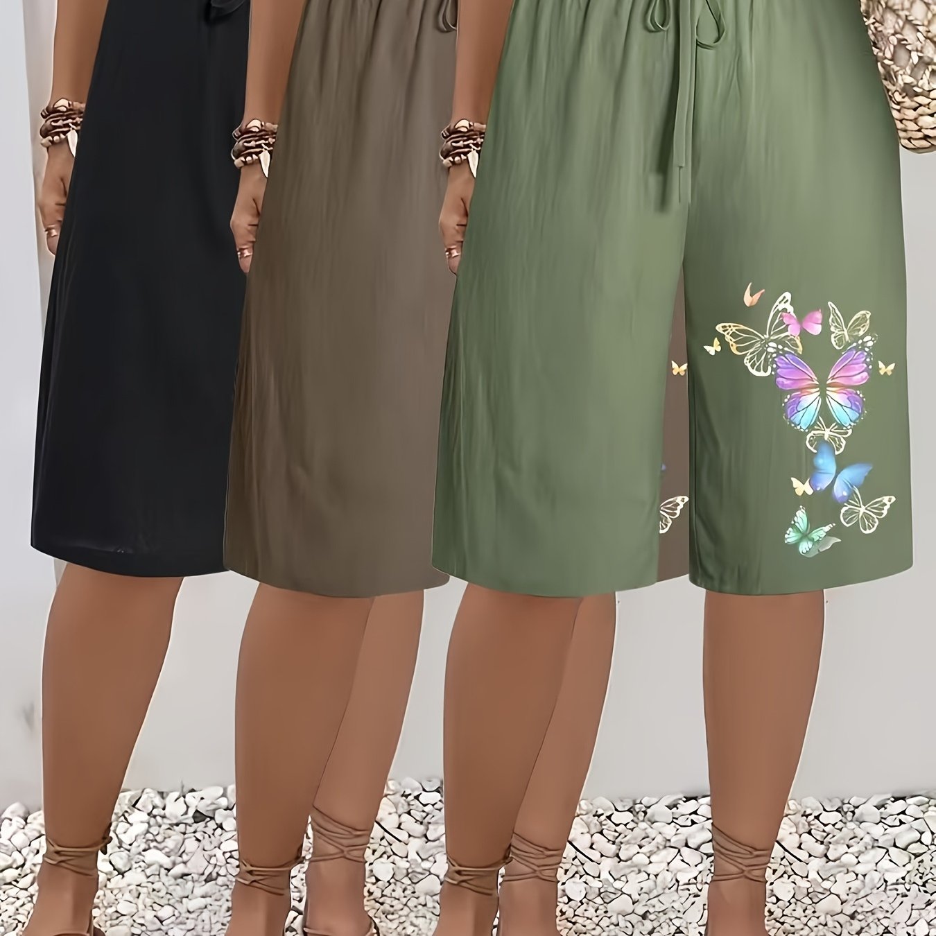 3pcs Women'S High-Waist Summer Shorts - Casual Loose Fit, Non-Stretch Fabric with Print Pattern, Fake Drawstring Detail, Ideal for Spring/Summer/Fall