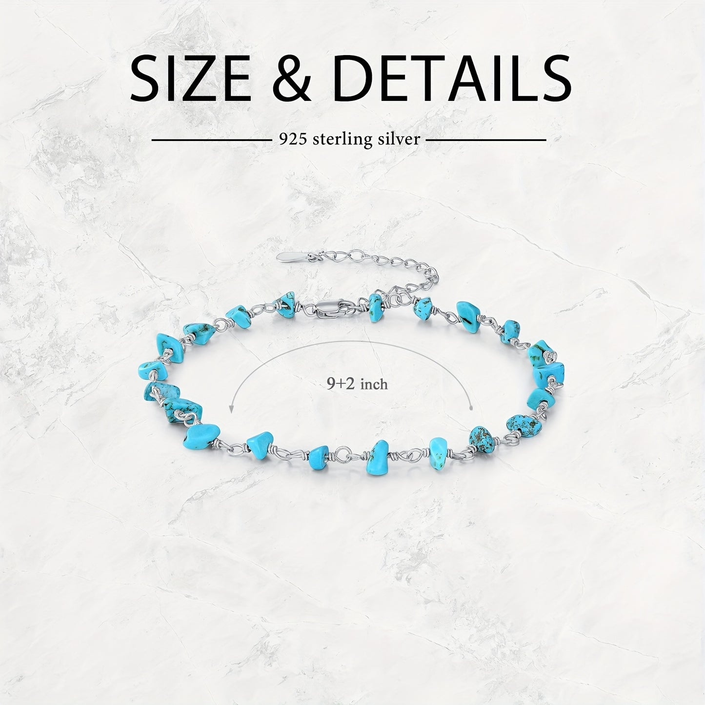 Natural Turquoise Anklet 925 Sterling Silver Raw Turquoise Gemstone Adjustable Foot Anklet Bracelet Beach Summer Jewelry Gifts for Women
