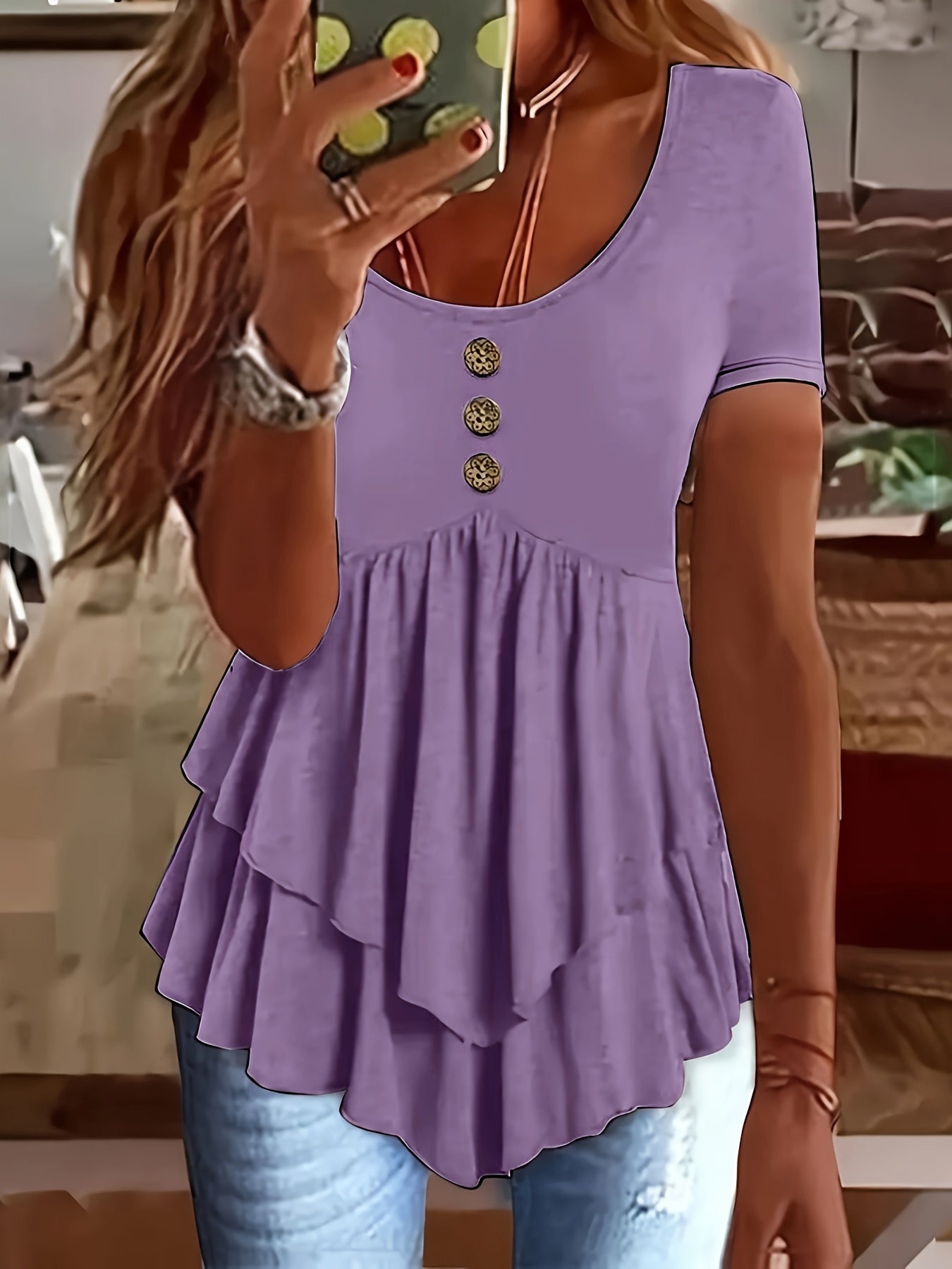 Women's Mint Green Crew Neck T-Shirt - Non-Stretch Casual Blouse with Front Button Closure, Tiered flare hem for Everyday & Formal Outfits - Machine Washable Summer Top, Ladies T-shirts, Nonstretch Fabric, Spring Fashion, Lig