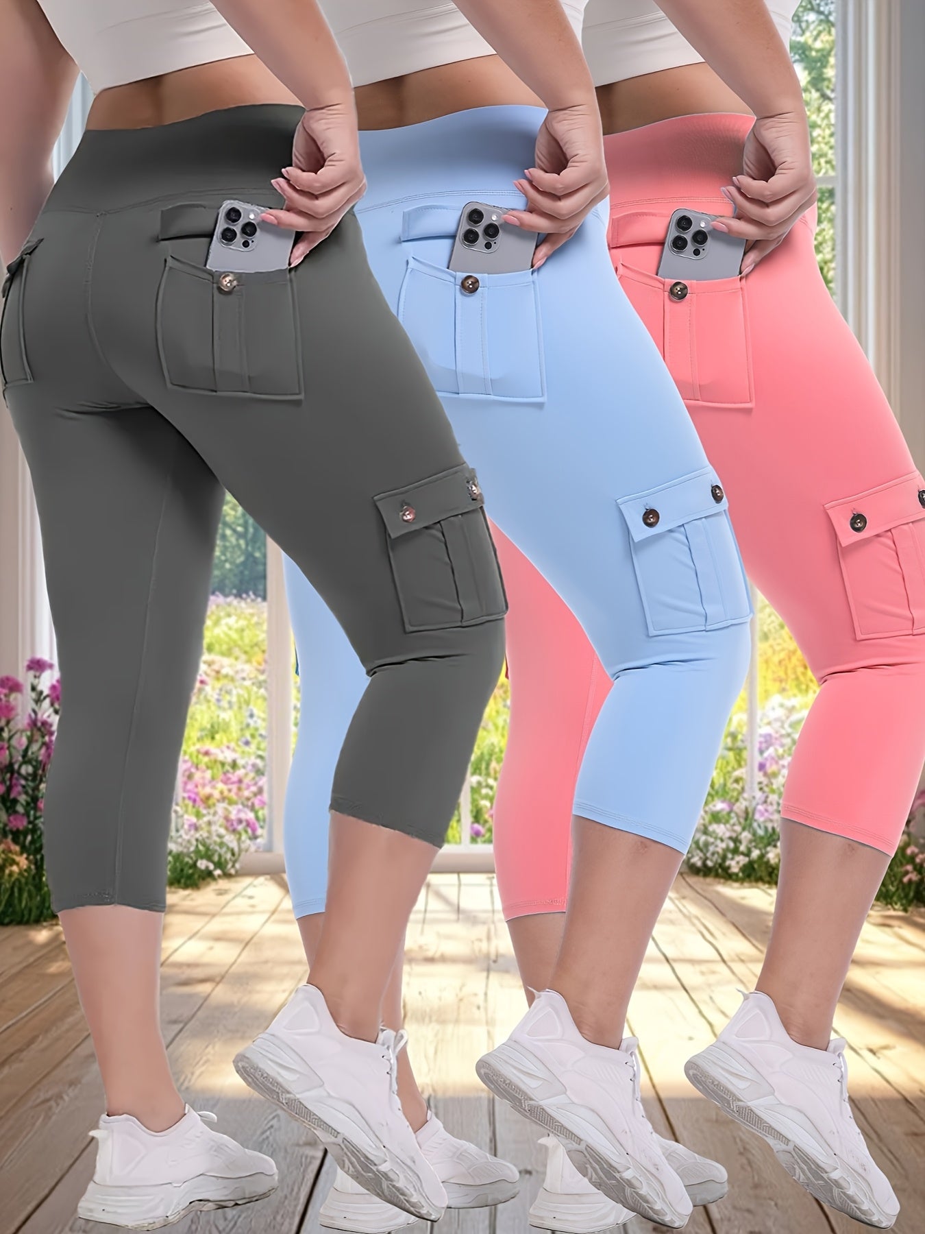 3pcs Women'S High-Waisted Yoga 7/10 Pants with Pockets - Stretch Running And Sports Leggings, Button Design, Solid Color, Comfortable Polyester Blend Fabric.