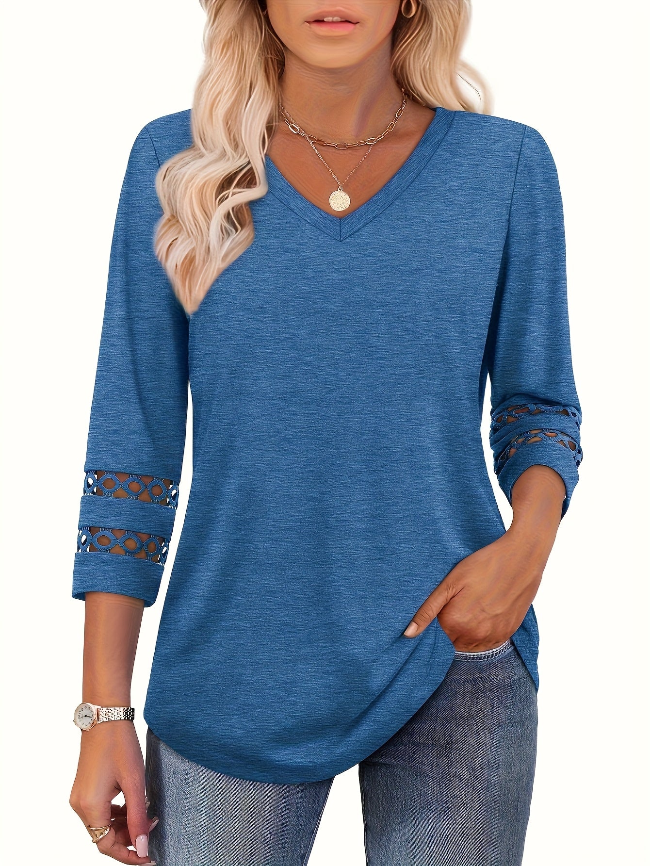 Four-Piece Set Women's 3/4 Sleeve Fashion Casual V-Neck T-Shirt Top