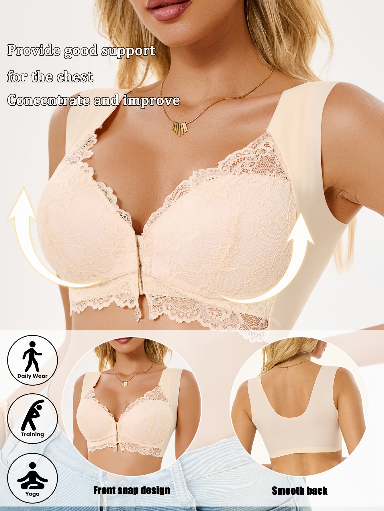 6pcs Lace Spliced front-opening Women's bra, elegant, wireless, No underwire, And romantic, charming, gathering, -sagging, High support, Adjustable, Seamless Bras for Women, Strapless Bras for Women Full Support, Front Closur