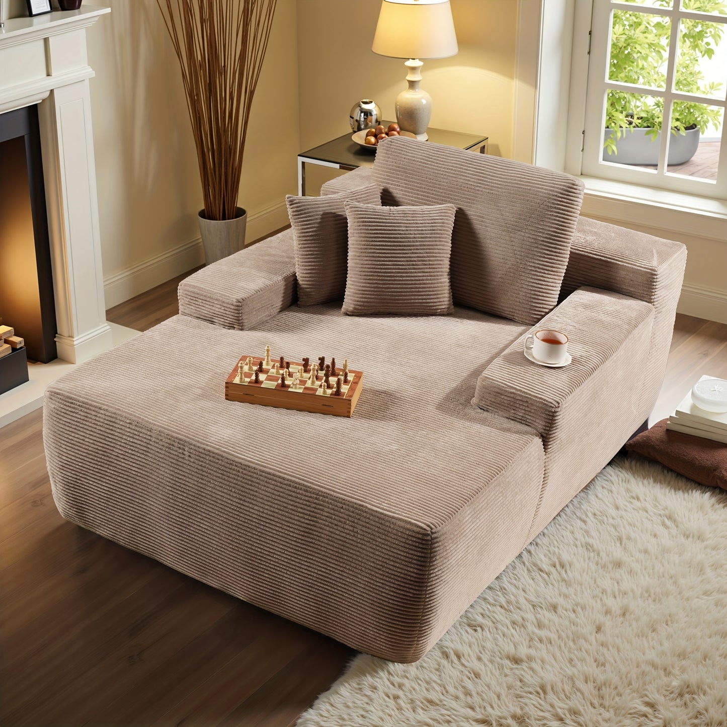 48" Large Corduroy Floor Sofa with Pillows - Oversized Lounge Chair with Plush Upholstery, Deep Cushions, And Armrests/ Deep Seat Sofa Bed with High Density Sponge Cushion/ USleeper Sofa for Living Room, Bedroom, Apartment, B