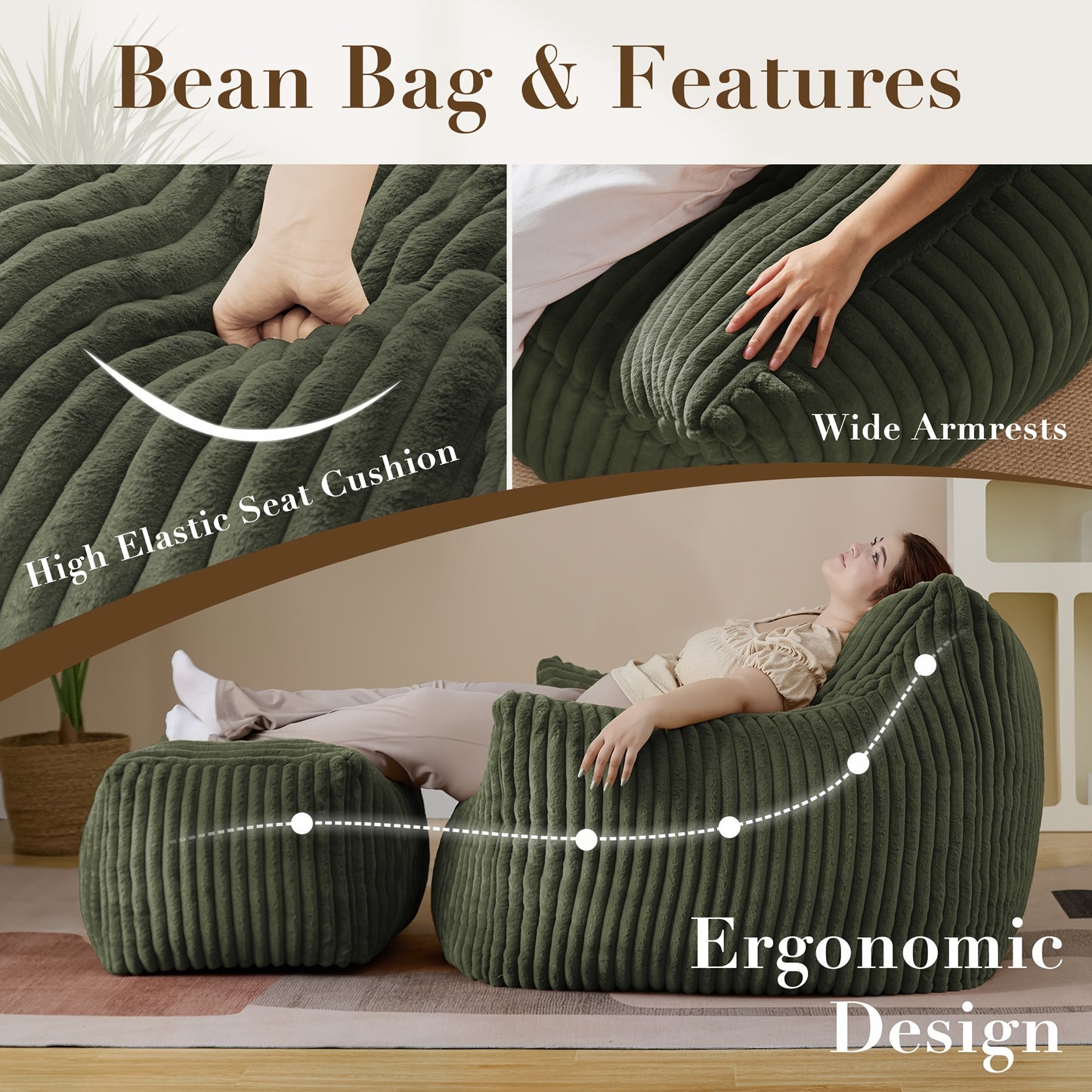 Living&Giving Oversize Bean Bag Chair, Modern Comfy Corduroy Fabric Fireside Chair Lazy Floor Sofa Armless Lounge Chair, Comfy Upholstered Bean Bag Chair Single Sofa For Outdoors Living Room Backyard