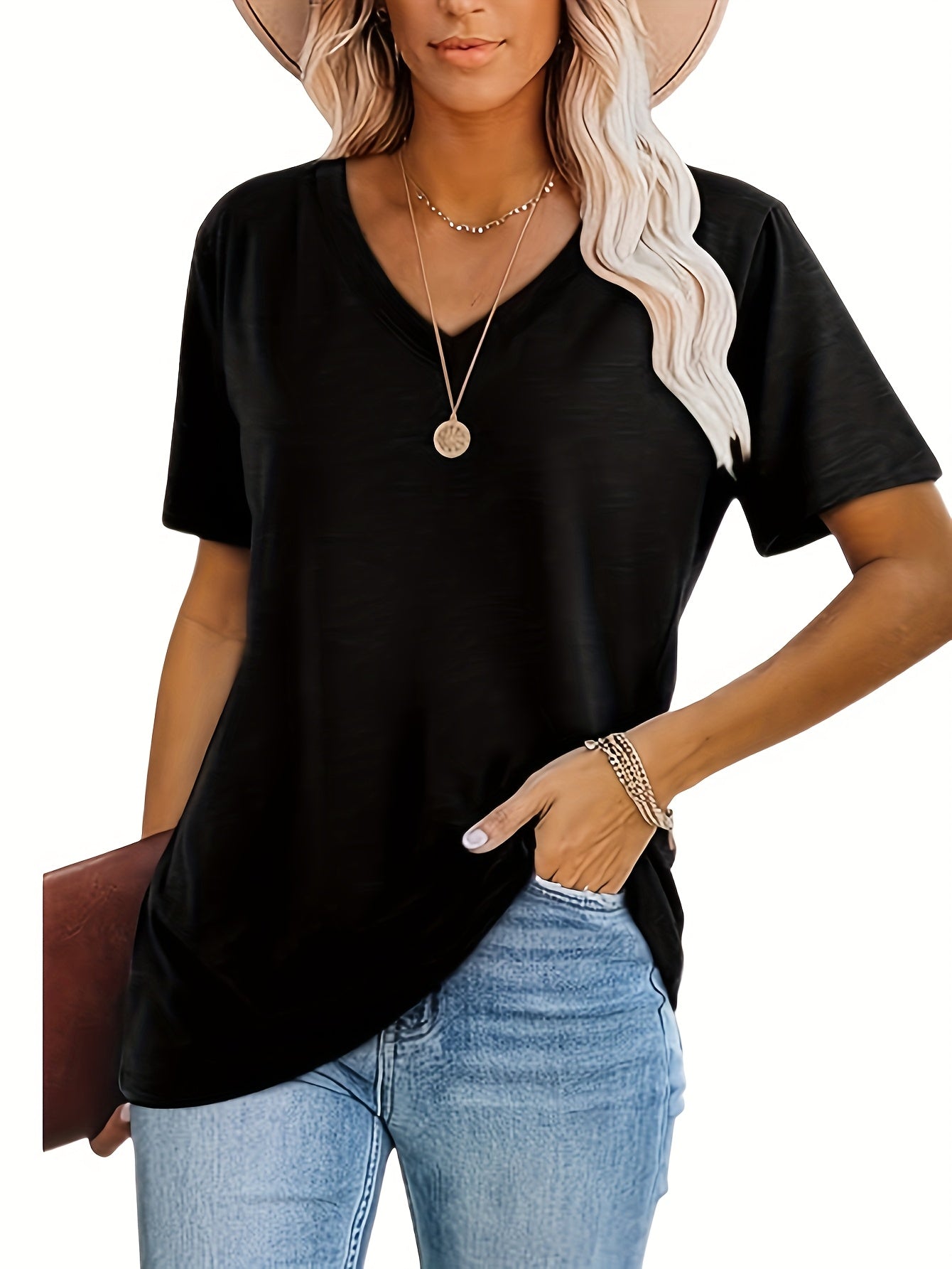 [Fashion T-Shirt] Three-Piece V-Neck Short Sleeve T-Shirt Set | 2025 European and American Fashion Casual Loose Women's