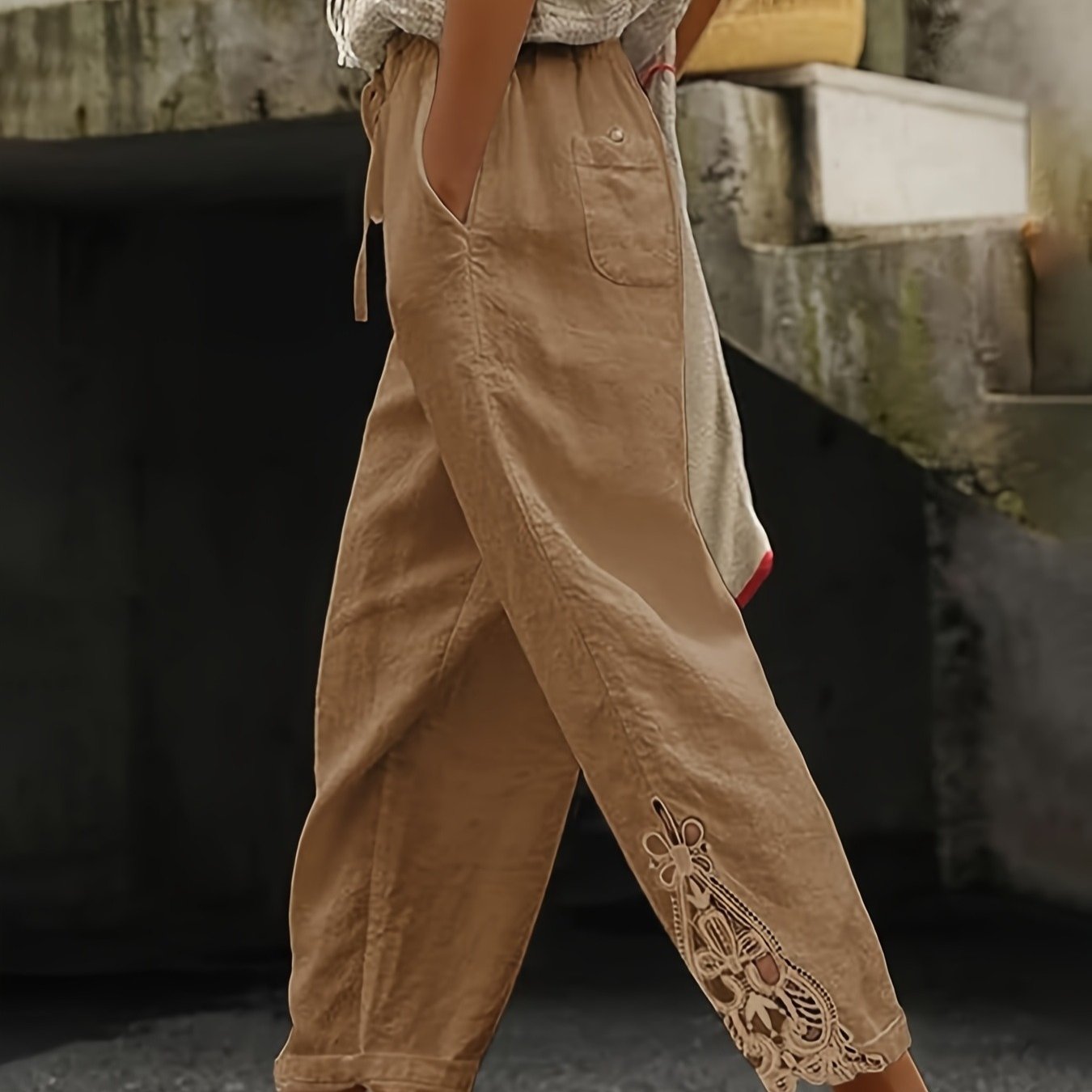 Women'S Casual Fashion Trousers - With Pockets, Waist Drawstring Design, Lace Stitching Design On The Trouser Legs, Suitable For Daily Commuting, Casual Outings, Vacation Travel, Spring, Summer And Autumn Trousers