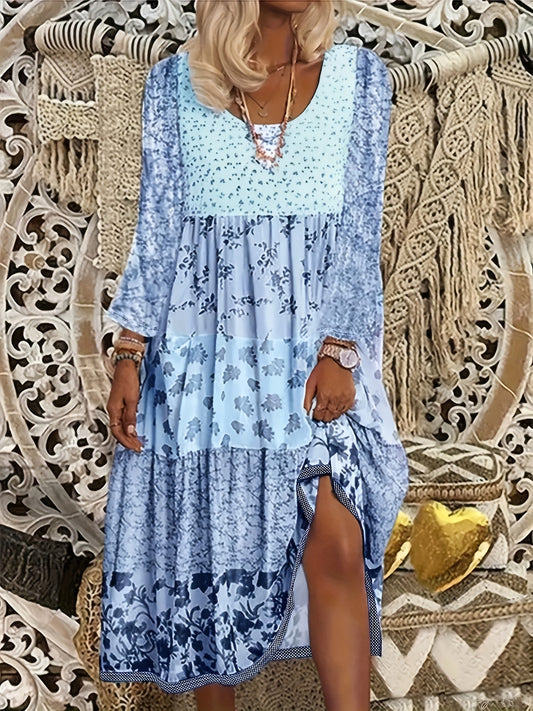 1pc Women'S Floral Print Polyester Blend Maxi Dress - Blue & White Small Flower Pattern, Round Neck, Straight Cut, Machine Washable, Perfect For Autumn/Winter Vacations And Casual Outings, Floral Dressm, Attire For The Women'