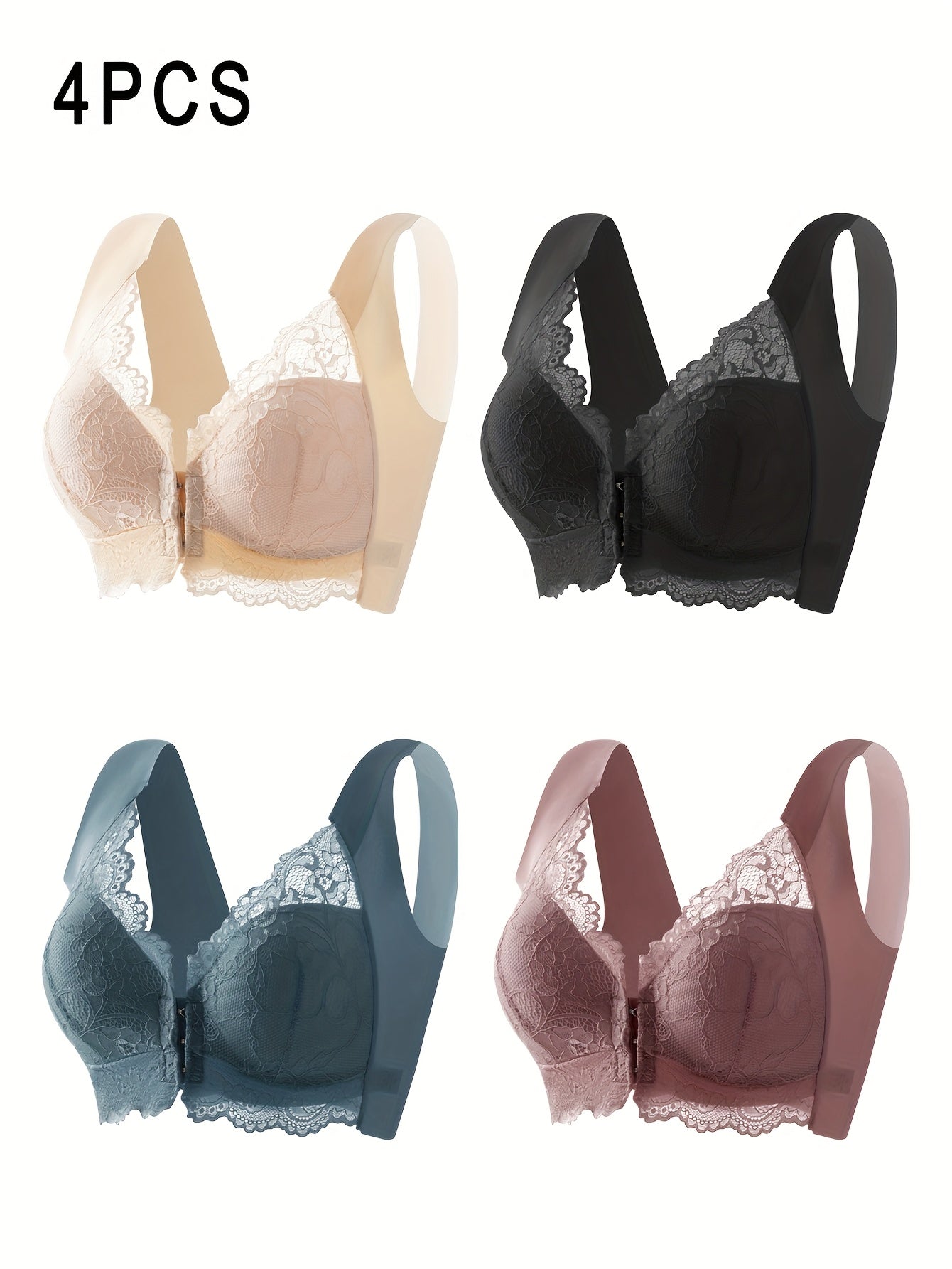 [Soft Push-Up Bra] 4pcs Soft And Comfortable Elegant Lace Wireless Push-Up Bra | Mixed Color Set Front Buckle Bra Women's Underwear