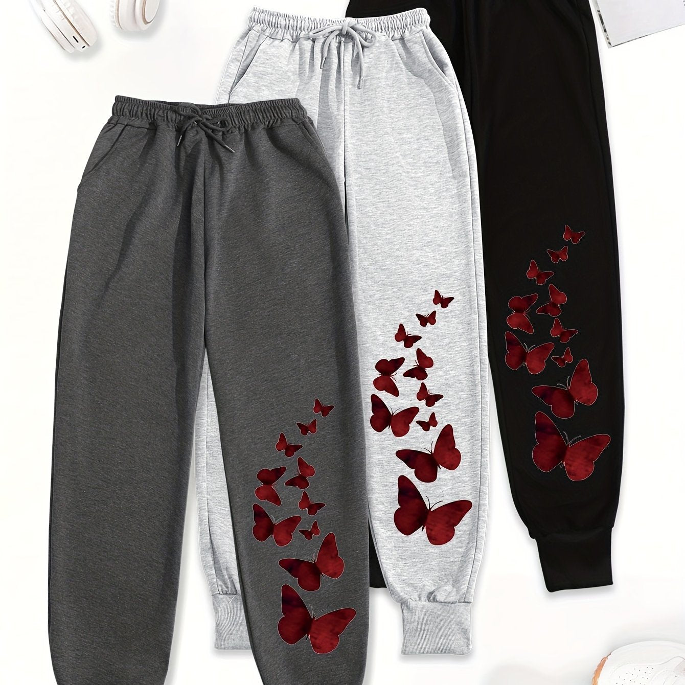 3pcs Women'S Casual Joggers with Butterfly Print - Elastic Waist, Loose Fit, Drawstring, Pockets, All-Season Comfort, Beige, Gray, Black, Jogging Pants