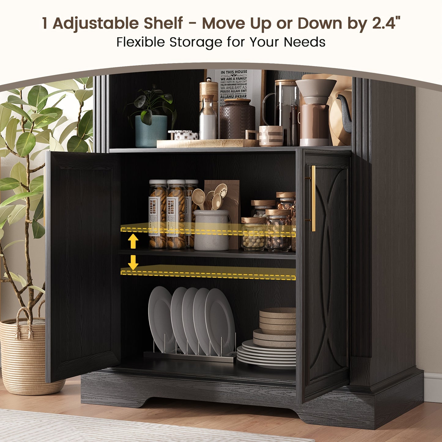 HWB 71" Tall Arched Kitchen Pantry Cabinet with LED Lights - Adjustable Shelves, Open Storage for China, Books & Kitchenware, Modern Wood Cabinet