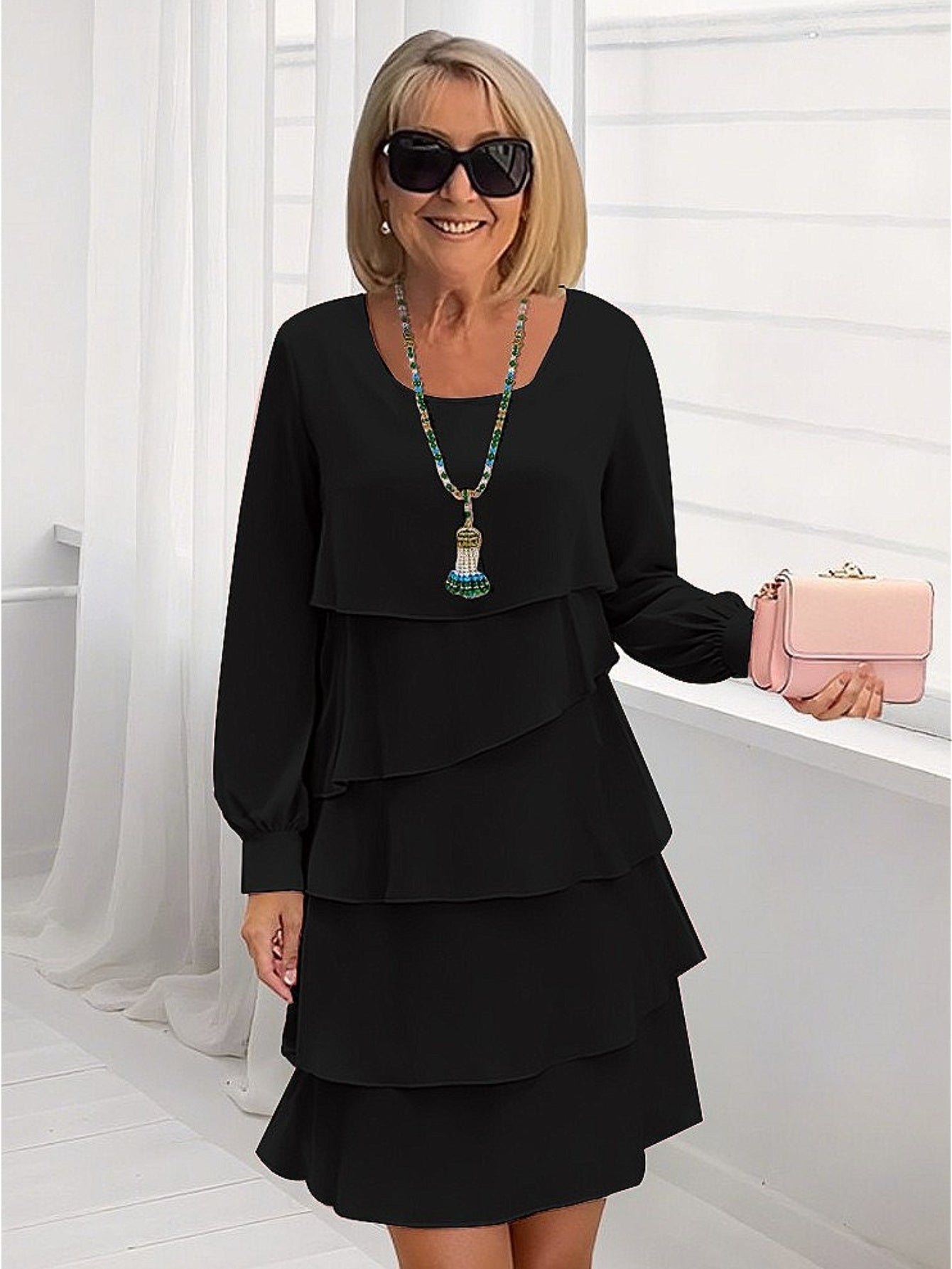 [Elegant Tiered Midi Dress] Elegant Women's Black Tiered Midi Dress | Long Sleeves, Loose Fit, Round Neck, Flared Hem, Layered Skirt Design - Perfect for Fall, Casual Elegant Wear