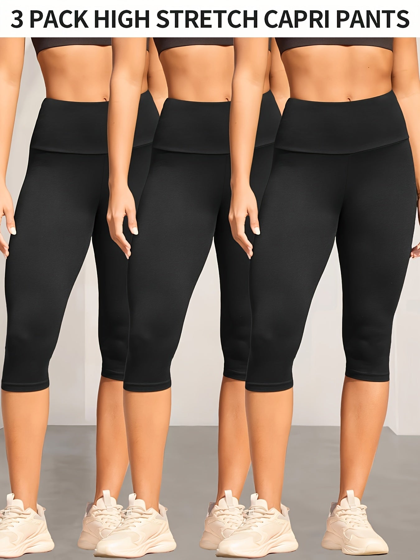 3-Pack Women's High Waisted Tummy Control Yoga Capri Pants - Super Soft Non-See Through Workout Leggings, High-Elasticity Machine Washable Solid Color for Running, Gym & Casual Wear (Spring/Summer/Fall)
