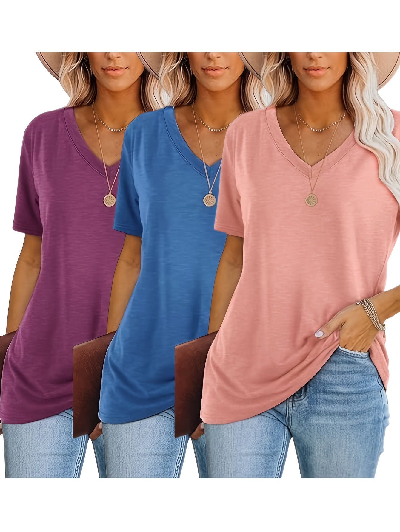 [Soft T-Shirts] 3pcs Soft Breathable Women's Casual V-Neck T-Shirts | Relaxed Fit Short Sleeve Tops in Black/White/Grey, Machine Washable, Versatile Casual Attire, Allseason Apparel, Minimalist Fashion, Comfortable Clothing