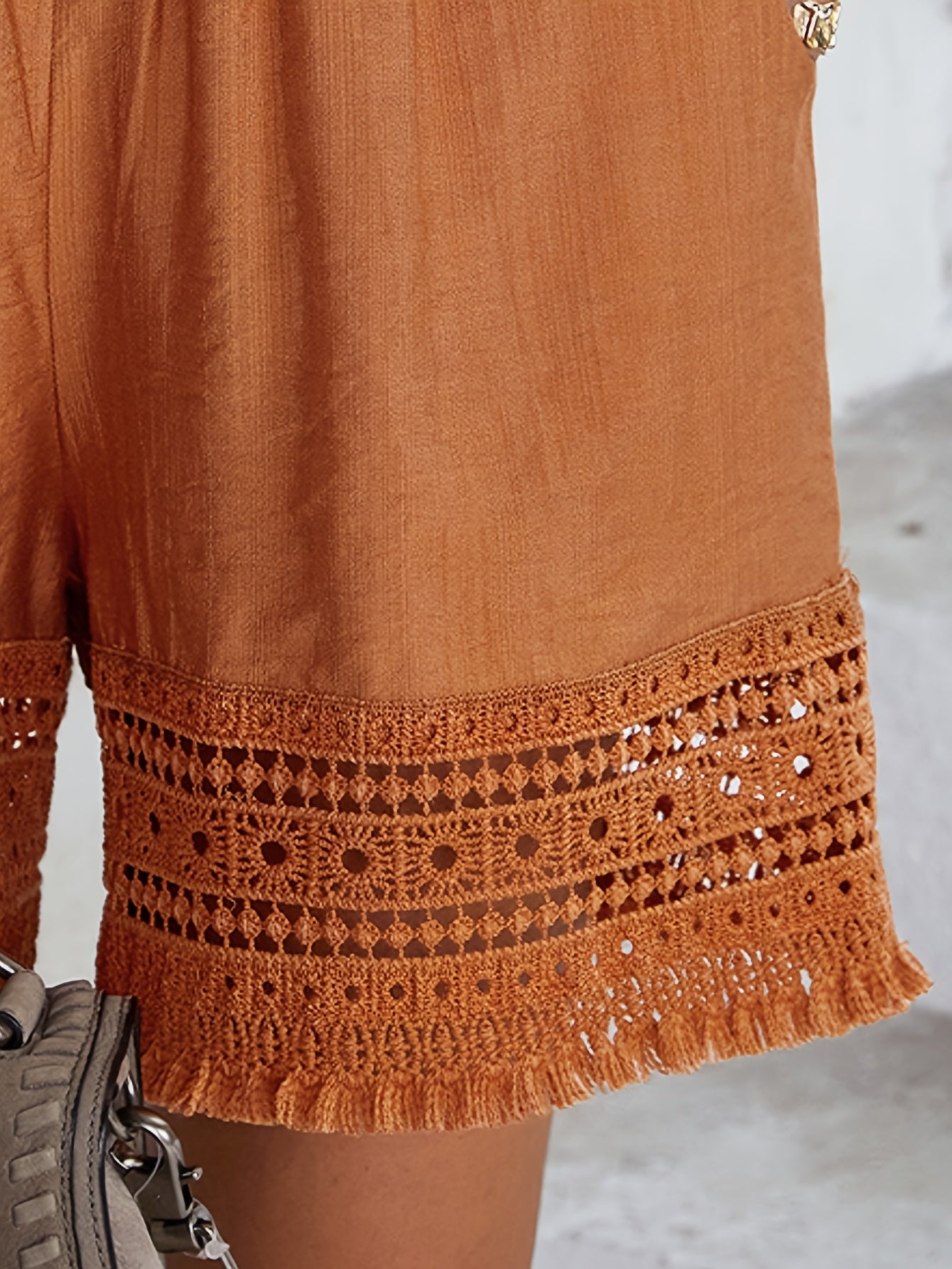ZAFUL Women'S Solid Color Lace Cut-out Tassel Pocket Shorts, Beach Vacation Casual Outing