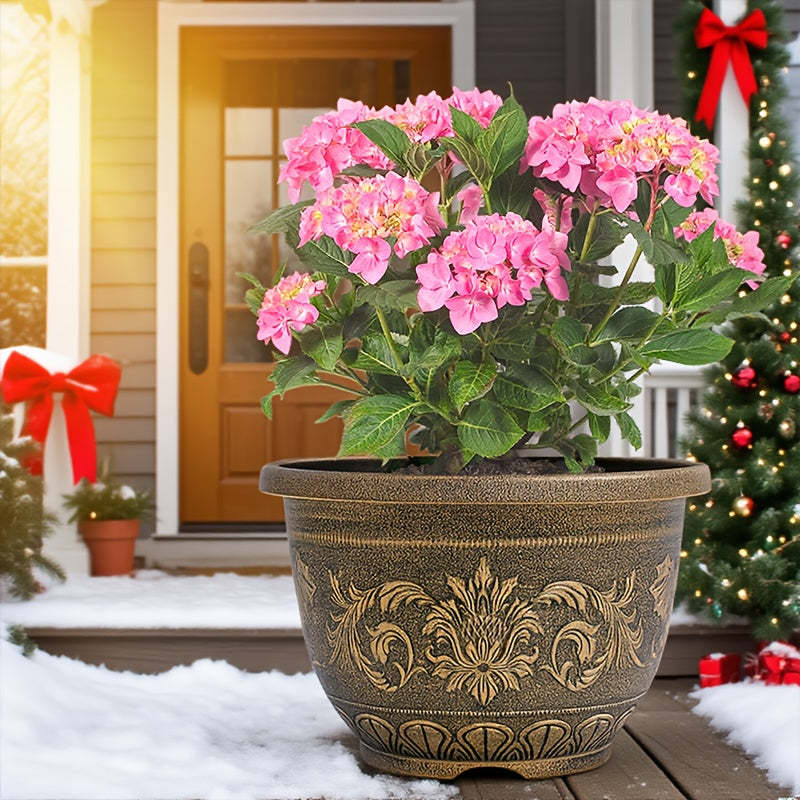 2pcs 17" Heavy-Duty Bronze-Style Resin Planters, Decorative European Design, Bonsai & Succulent Planters, with Drainage Holes, for Harvest & Winter Celebrations, Versatile Gardening Supplies
