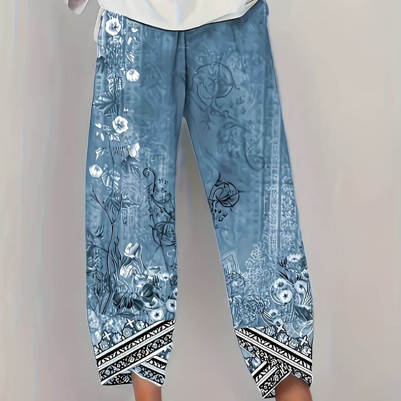 Women'S Retro Floral Capri Pants with Elastic Waistband & Pockets - Loose Fit Fabric, Beige with Black Floral Design, Perfect for Spring/Summer/Fall, Casual Wear Pants | Relaxed Fit Pants | Construction, Ladies Pants