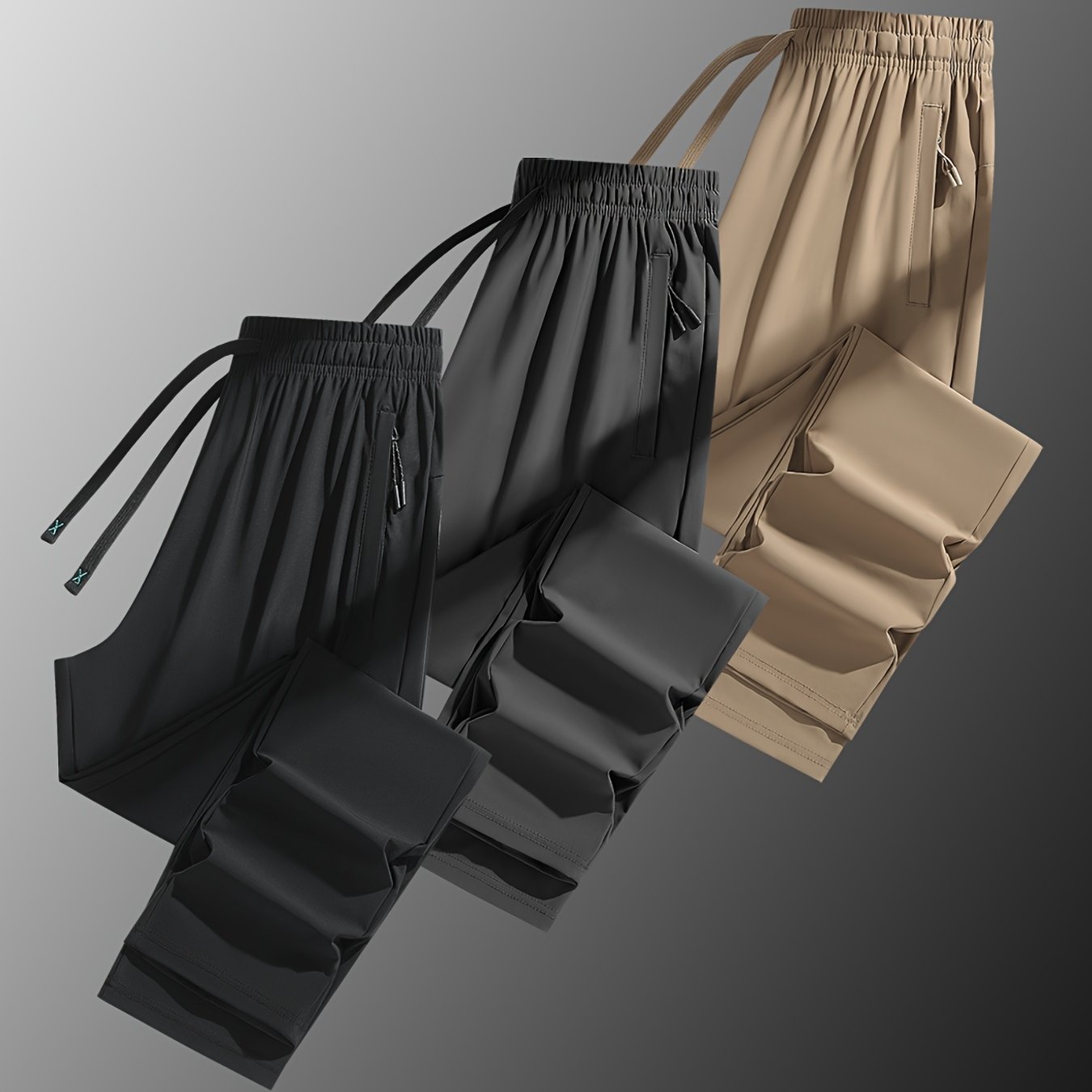 Three Pairs of Summer Women's Solid Color Long Pants with Elastic Drawstring Waist, Hidden Zipper Pockets, Nylon-Spandex Blend for Stretchy Straight-Leg Fit, Quick-Dry Fabric, Suitable for Daily Outings, Leisure, And Workouts