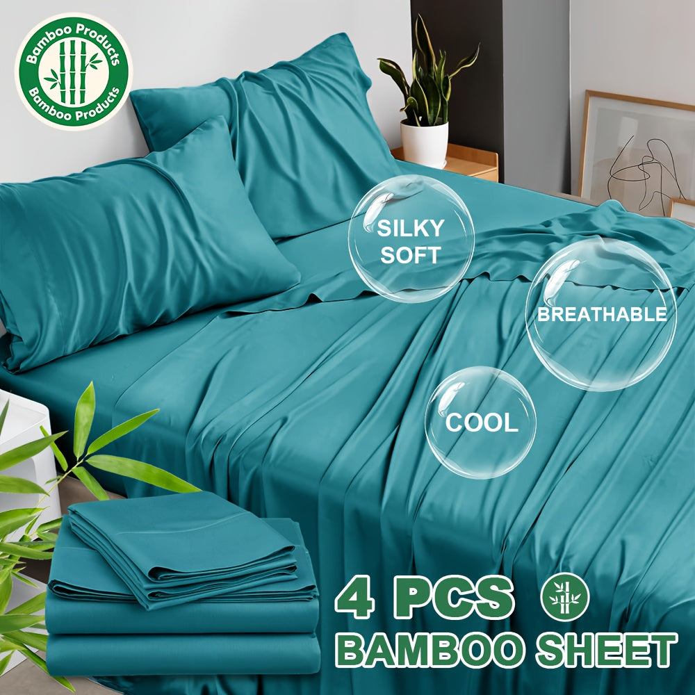 4pcs Cooling Bamboo Blend Bed Sheet Set, Deep Pocket 20" Bed Sheet, Creating A Five Star Hotel Like Luxurious Experience, Deep Pockets (Up To 20"), Wrinkle, Fade, Fitted Sheet+Flat Sheet+Pillowcase