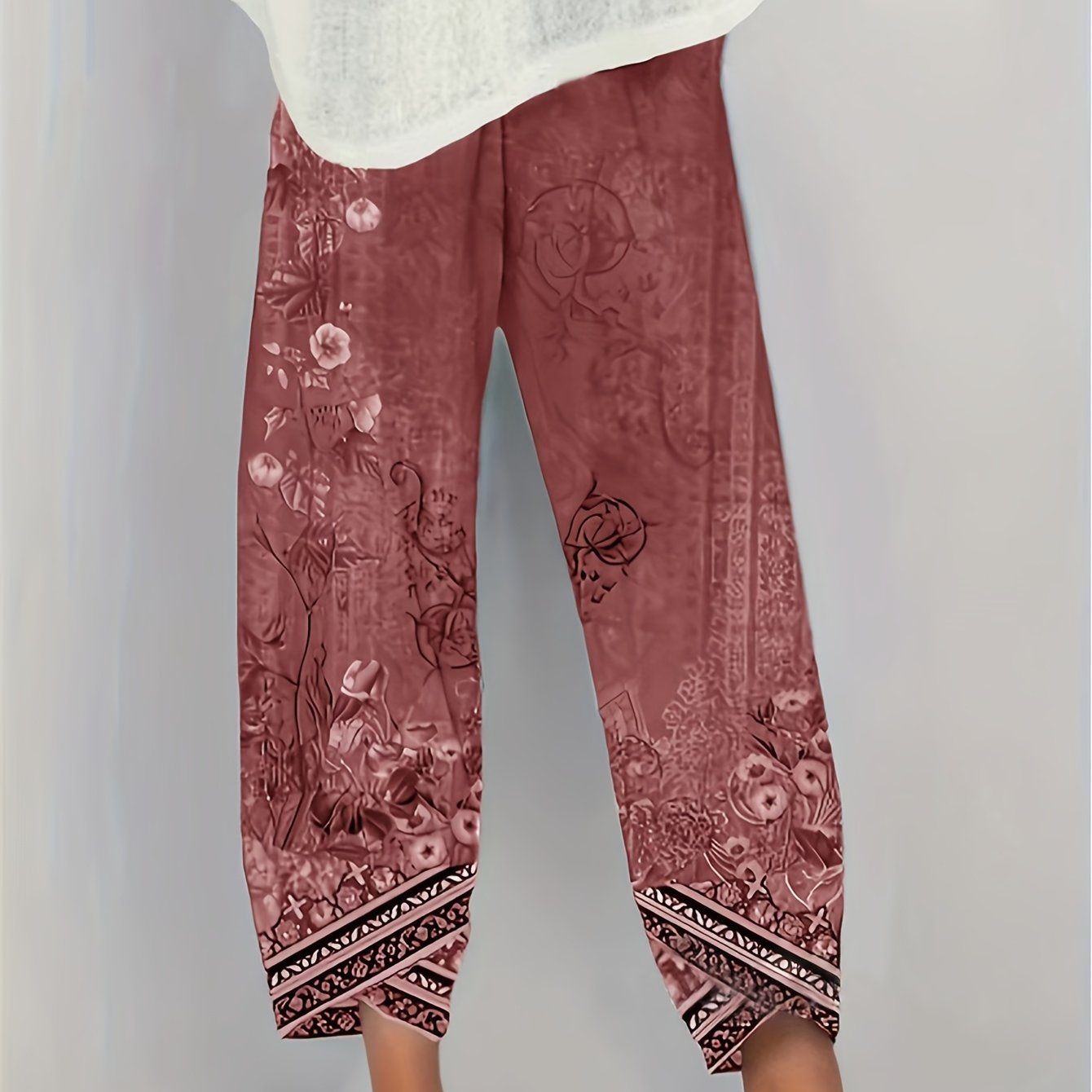 Women'S Retro Floral Capri Pants with Elastic Waistband & Pockets - Loose Fit Fabric, Beige with Black Floral Design, Perfect for Spring/Summer/Fall, Casual Wear Pants | Relaxed Fit Pants | Construction, Ladies Pants