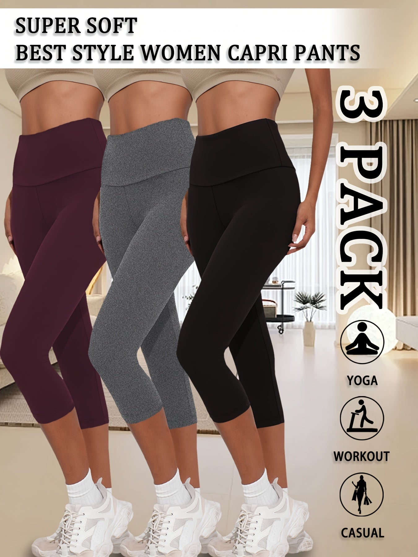 3-Pack Women's High Waisted Tummy Control Yoga Capri Pants - Super Soft Non-See Through Workout Leggings, High-Elasticity Machine Washable Solid Color for Running, Gym & Casual Wear (Spring/Summer/Fall)